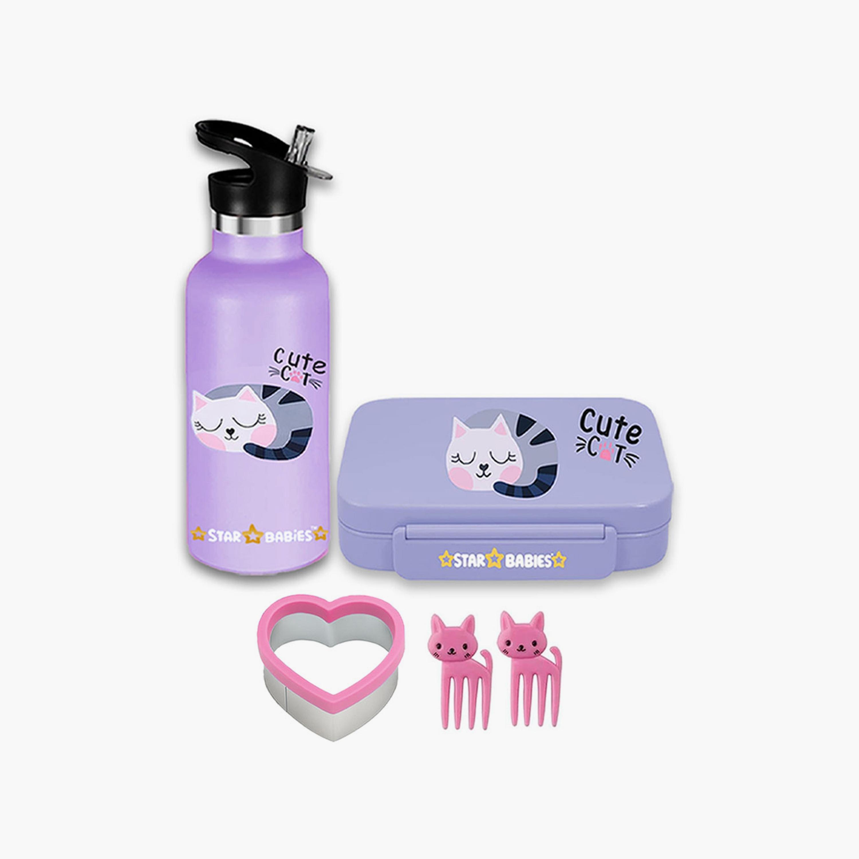 Star Babies Stainless Steel Water Bottle - 500ml and Lunch Box with Free Gifts - Cute Cat-school-waterbottles-image-1