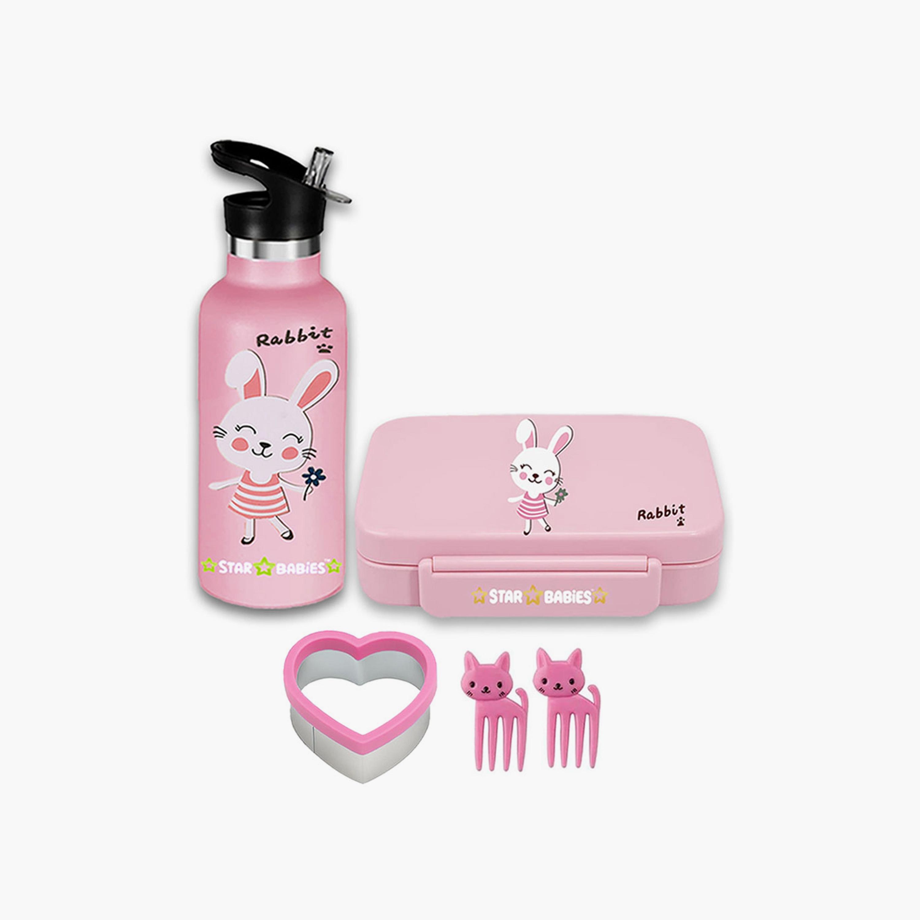 Star Babies Stainless Steel Water Bottle - 500ml and Lunch Box with Free Gifts - Bunny-school-waterbottles-image-1