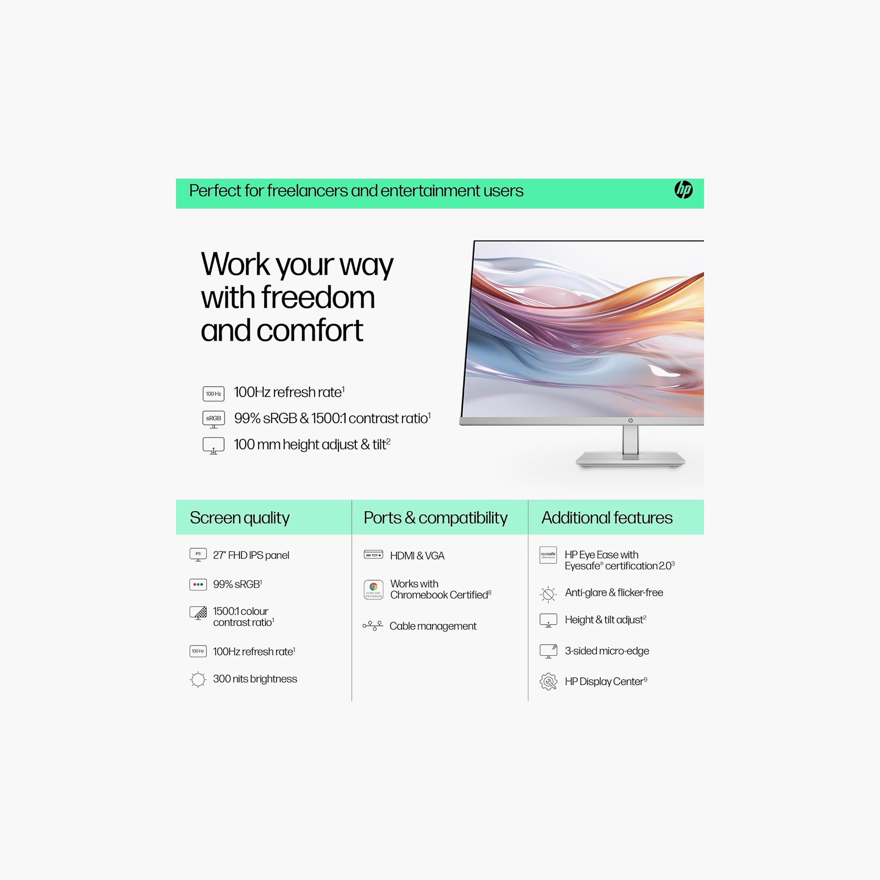 اتش بي سلسلة 5 527SH مقاس 27" عالية الدقة بالكامل، قابلة لتعديل الارتفاع، لون فضي | 94C50AS-electronics-accessories-computeraccesories-image-2