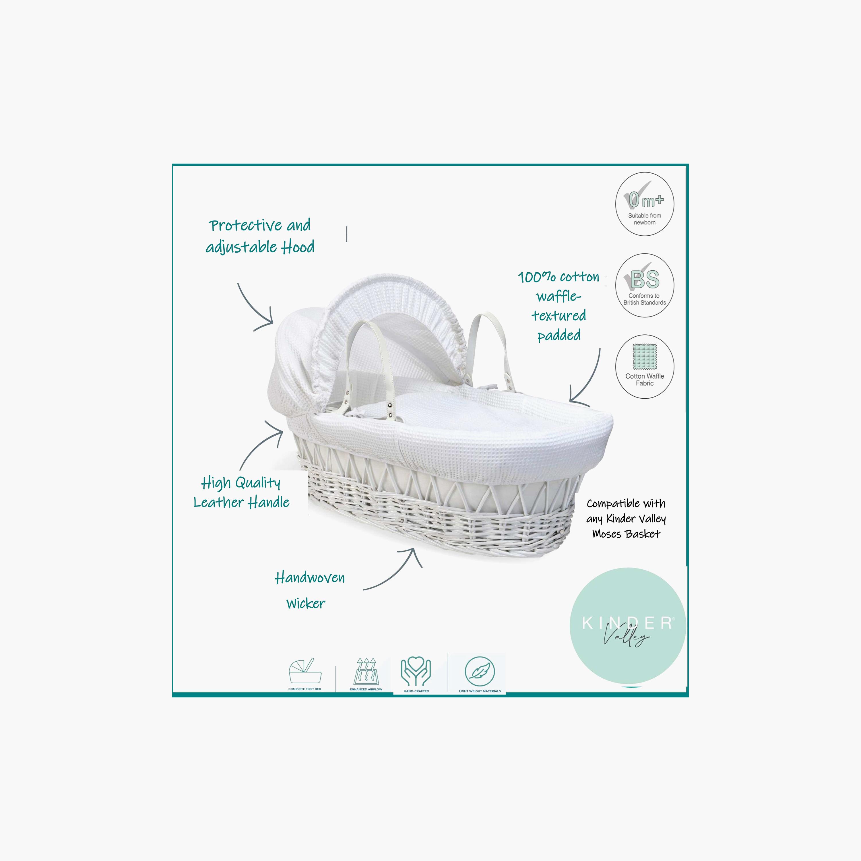سلة موسى من الخيزران - مجموعة وافل (أبيض) من كيندر فالي-baby-nursery-furniture-mosesbaskets-image-2