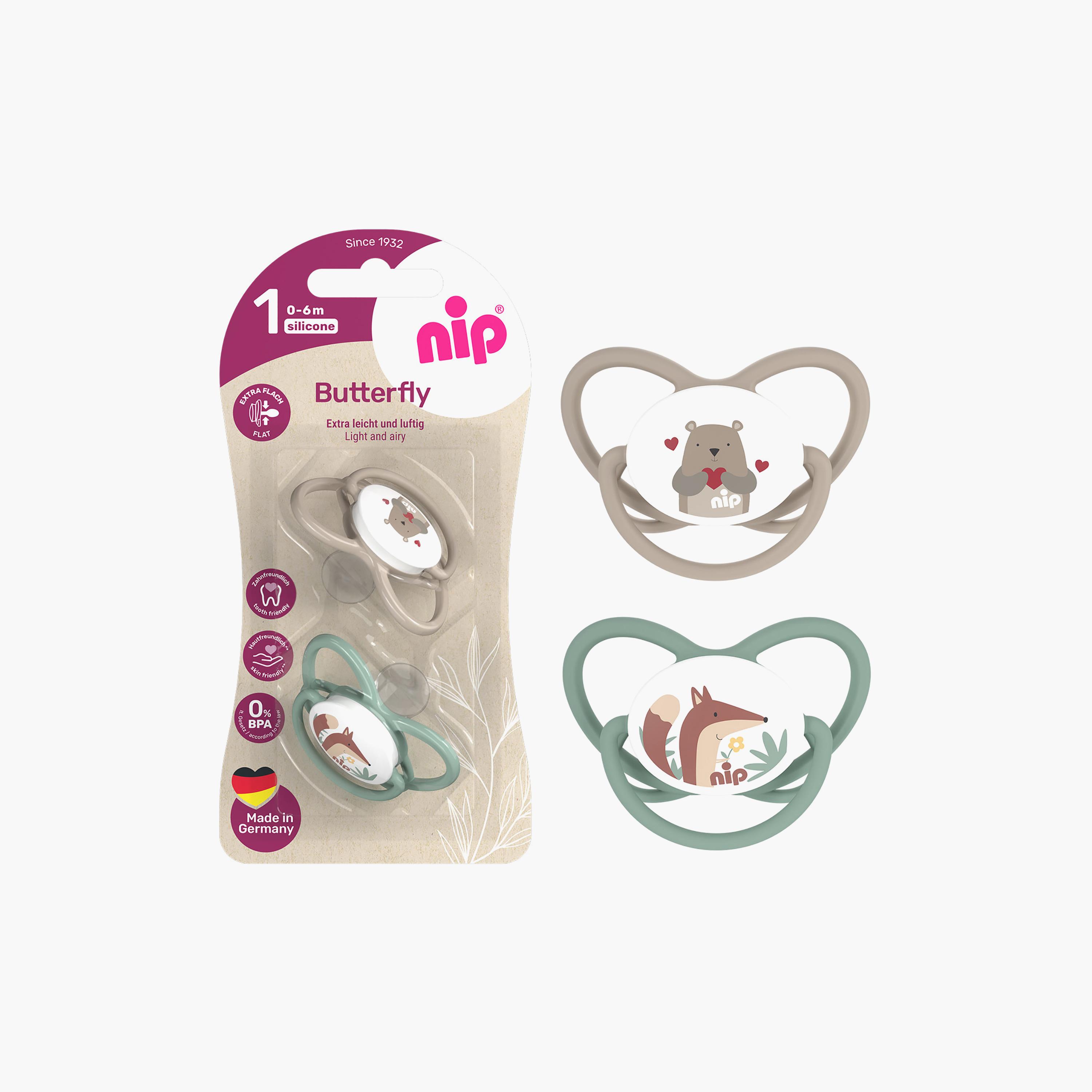 لهاية فراشة لتقويم الأسنان مع حلقة قطعتين - 0-6 أشهر - رمادي وأخضر من نيب-baby-feeding-pacifiers-image-3