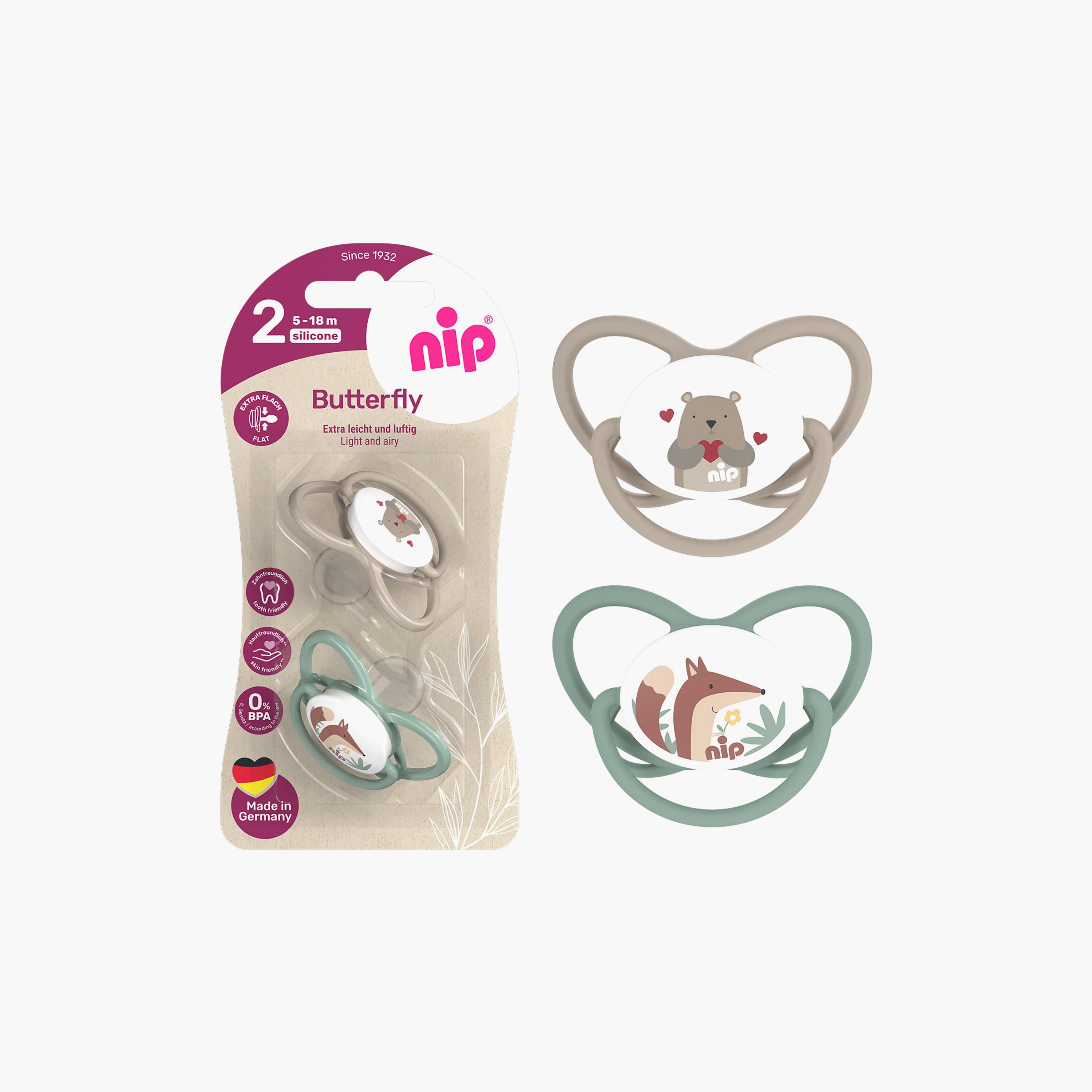لهاية فراشة لتقويم الأسنان مع حلقة قطعتين - 5-18 شهرًا - رمادي وأخضر من نيب-baby-feeding-pacifiers-image-3