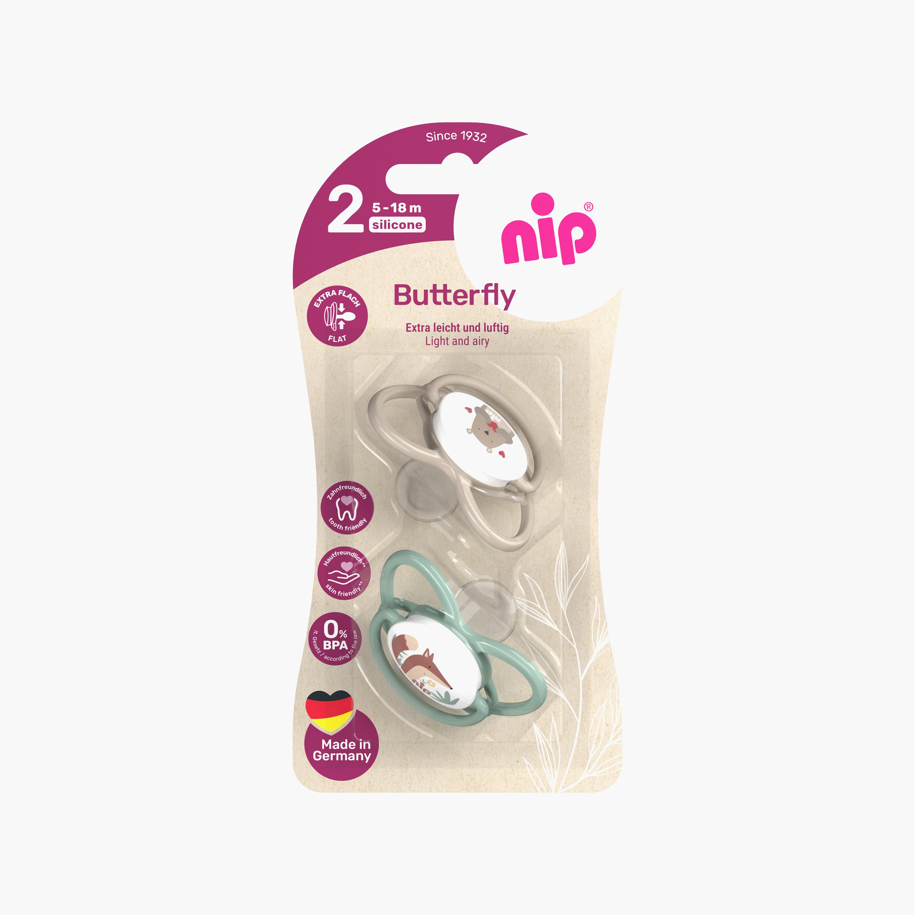 لهاية فراشة لتقويم الأسنان مع حلقة قطعتين - 5-18 شهرًا - رمادي وأخضر من نيب-baby-feeding-pacifiers-image-4