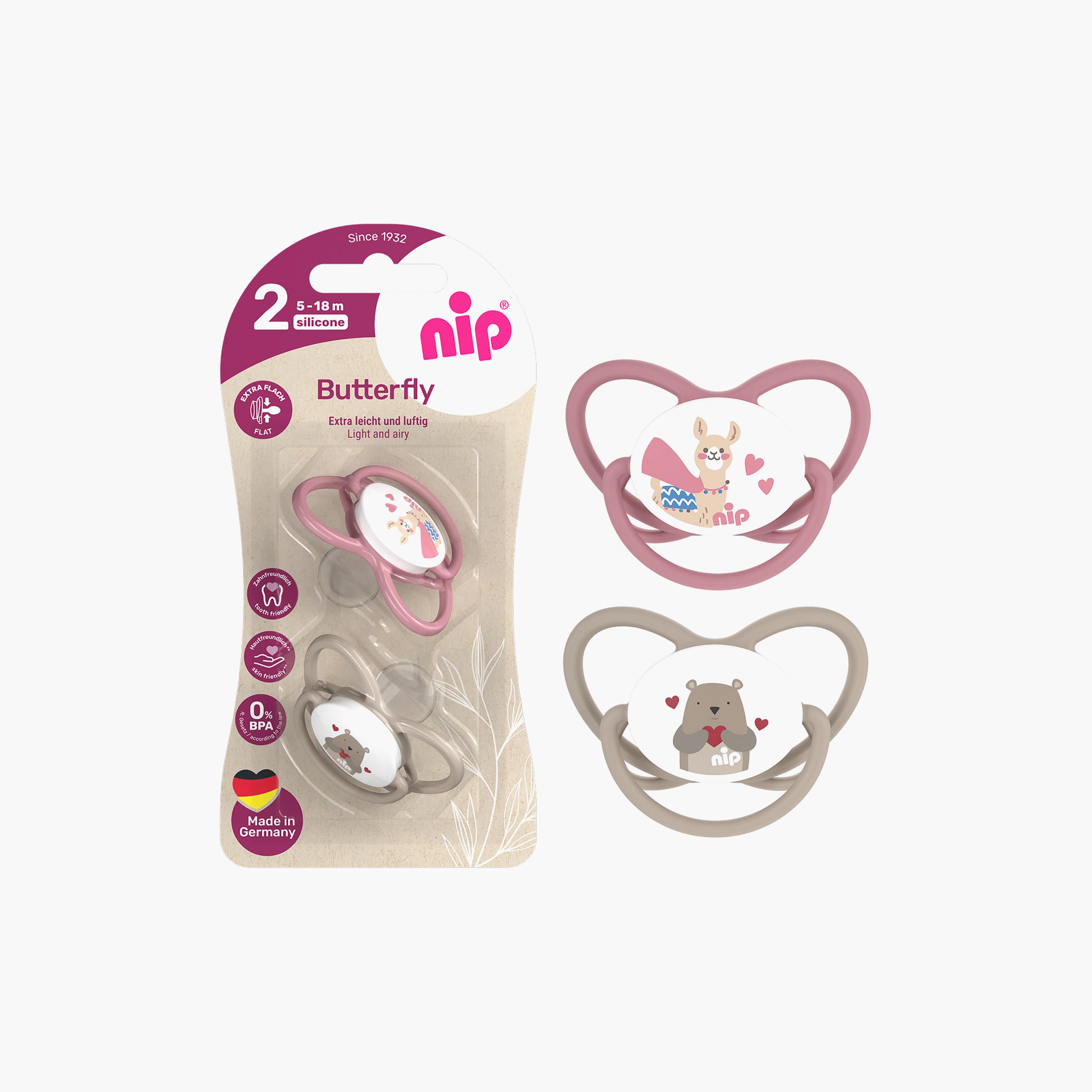 Nip 2-Piece Butterfly Orthodontic Soother with Ring - 5-18 Months - Grey & Pink-baby-feeding-pacifiers-image-3