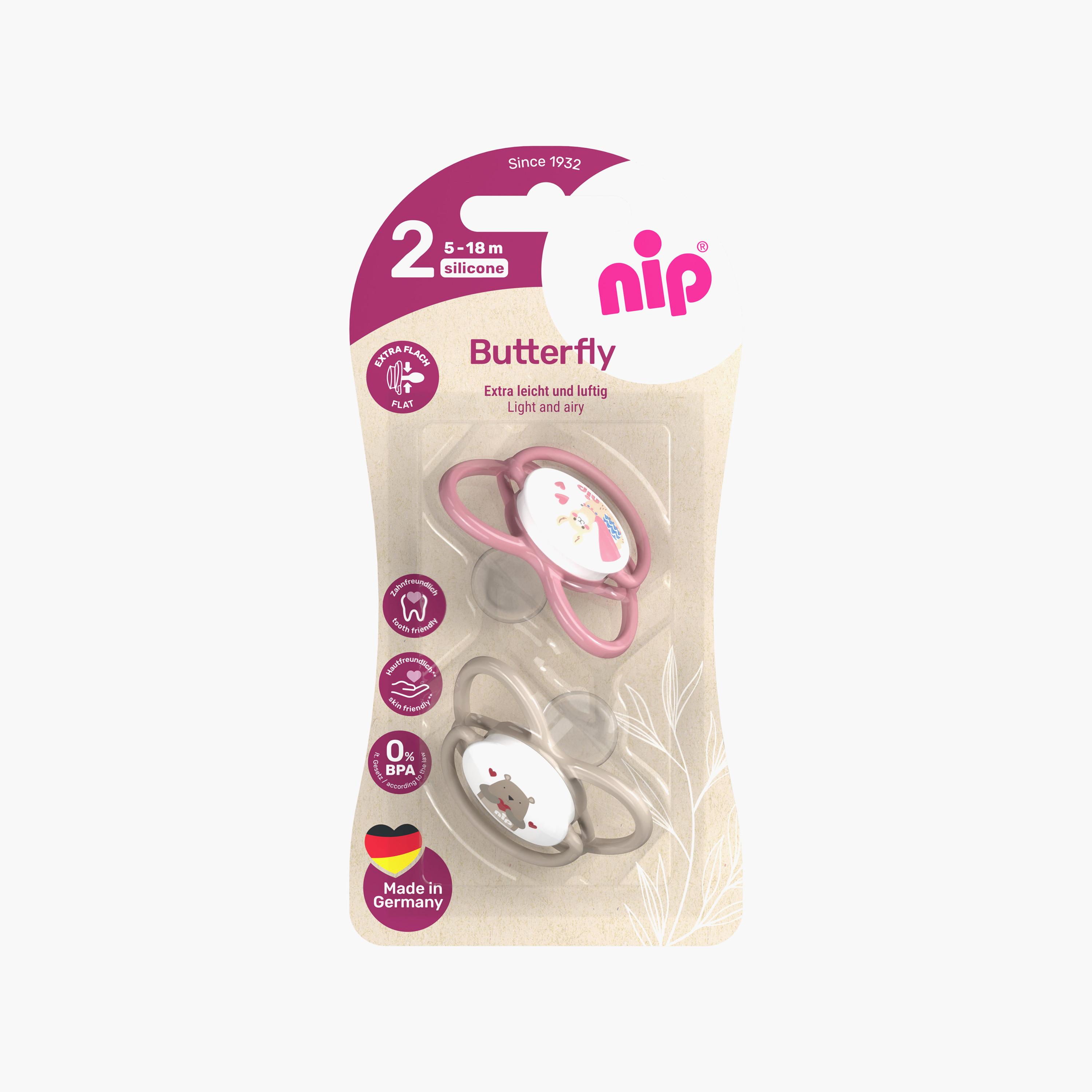 Nip 2-Piece Butterfly Orthodontic Soother with Ring - 5-18 Months - Grey & Pink-baby-feeding-pacifiers-image-4