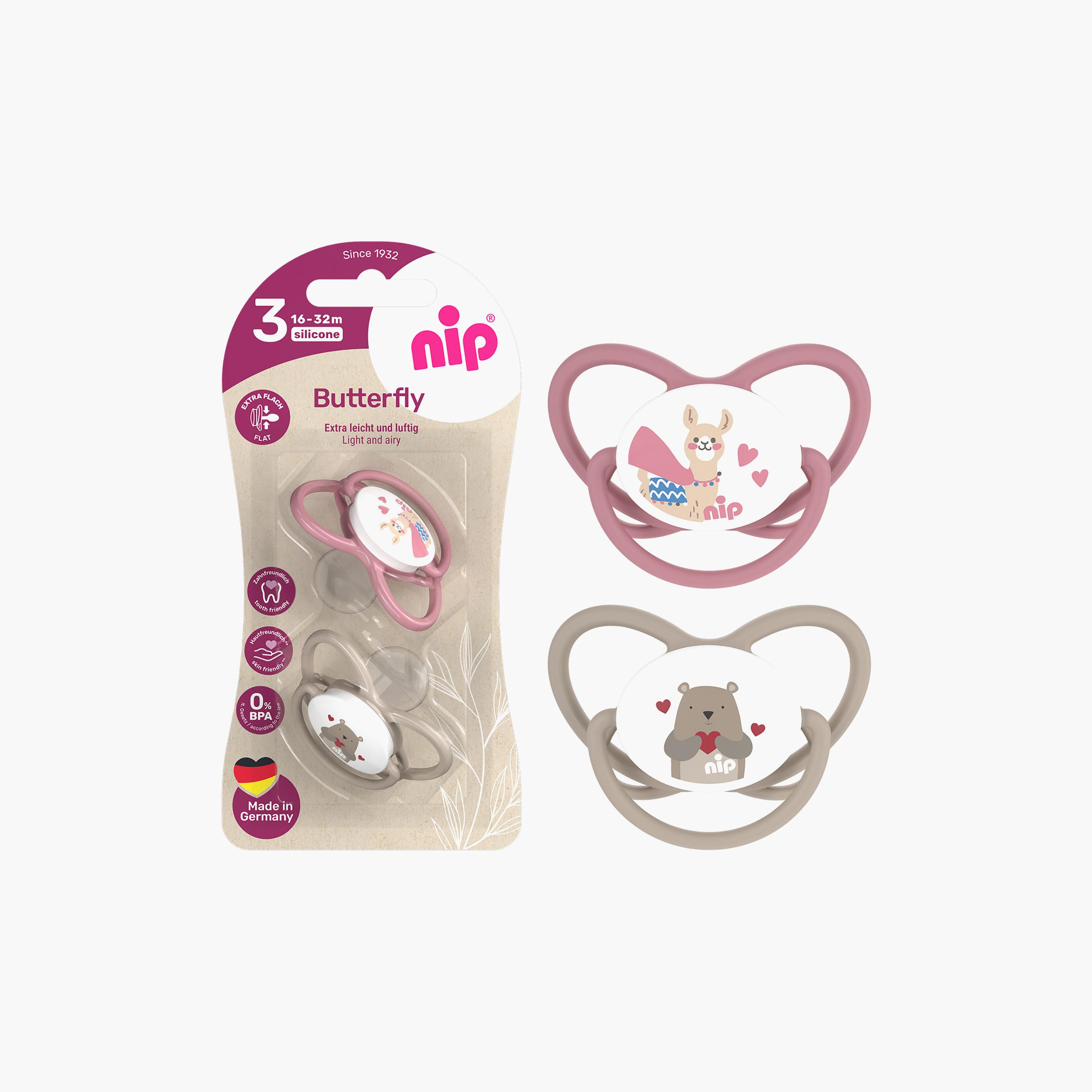 لهاية فراشة لتقويم الأسنان مع حلقة قطعتين - 5-18 شهرًا - رمادي ووردي من نيب-baby-feeding-pacifiers-image-3