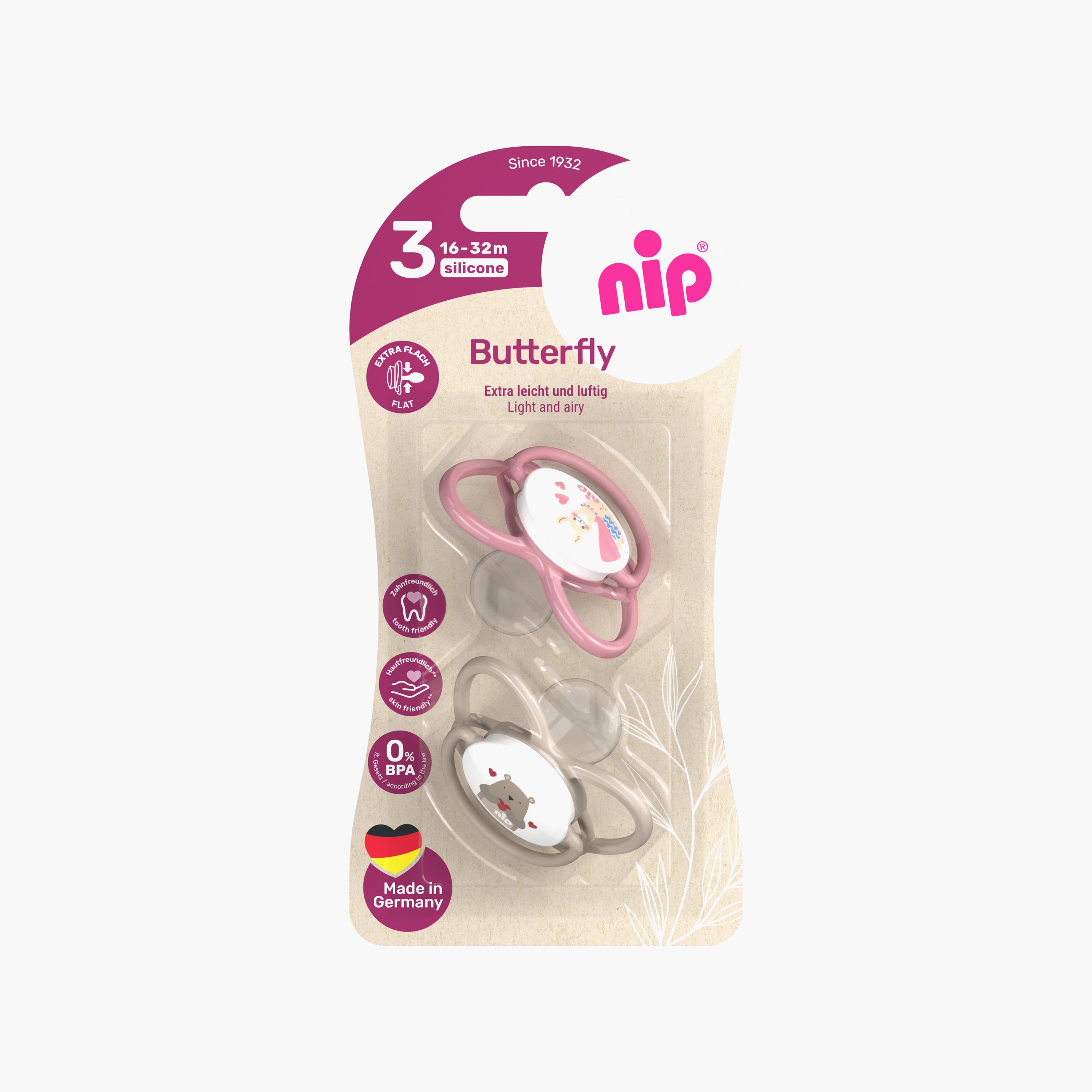 لهاية فراشة لتقويم الأسنان مع حلقة قطعتين - 5-18 شهرًا - رمادي ووردي من نيب-baby-feeding-pacifiers-image-4