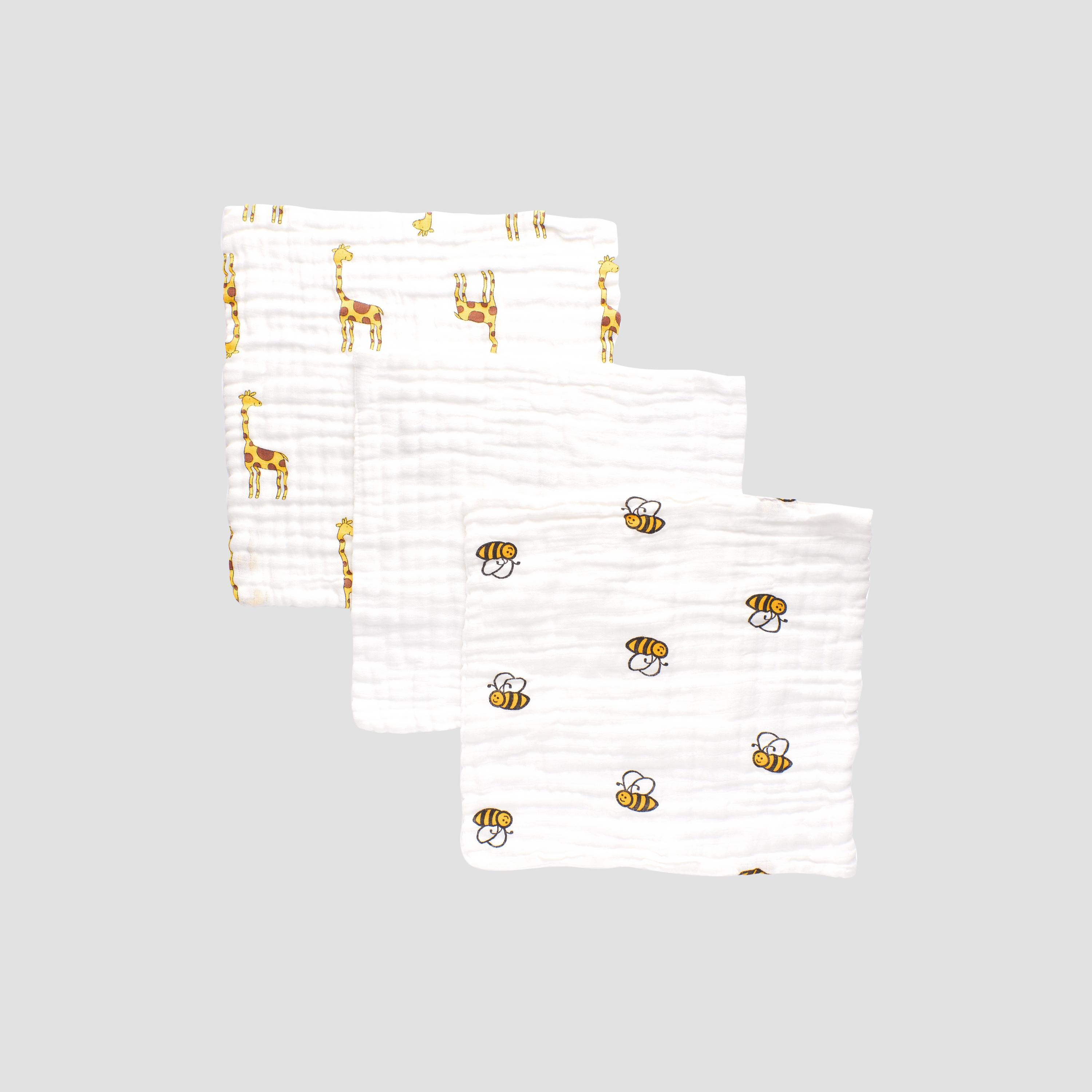 Anvi Baby 3-Piece Muslin Face Cloth - Yellow Creatures-baby-feeding-bibs-image-1