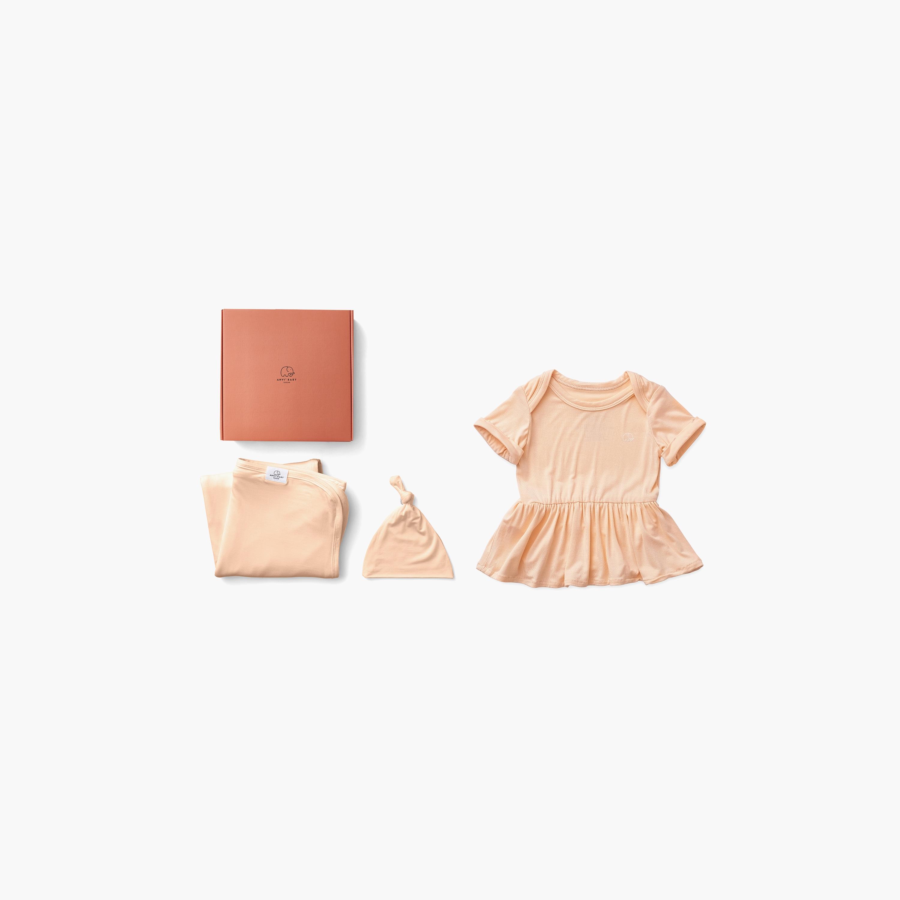 Anvi Baby Bamboo Onesie Dress, Swaddle & Beanie Gift Set - 0-3 Months-baby-girls-clothing-setsandcoords-image-1