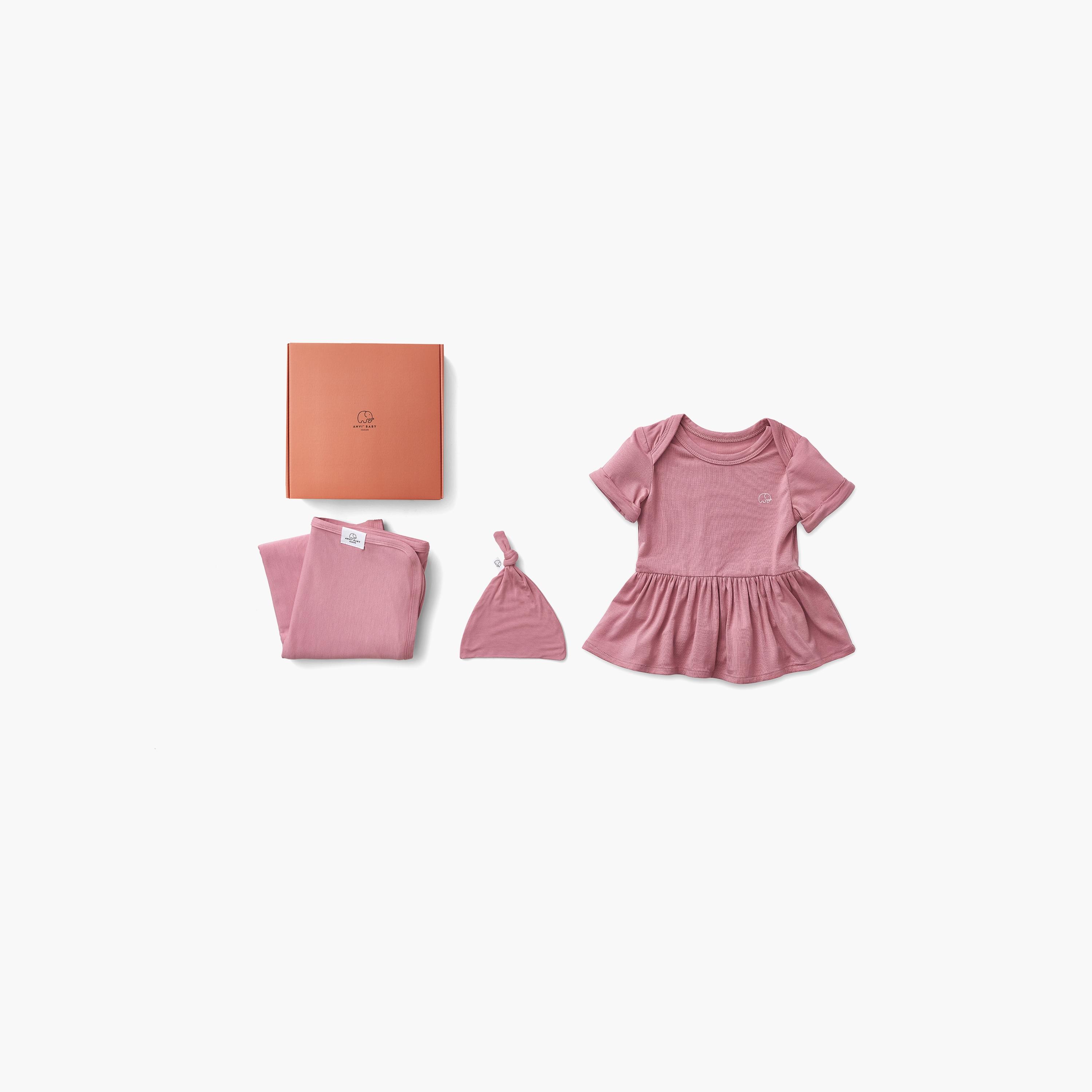Anvi Baby Bamboo Onesie Dress, Swaddle & Beanie Gift Set - 0-3 Months-baby-girls-clothing-setsandcoords-image-1