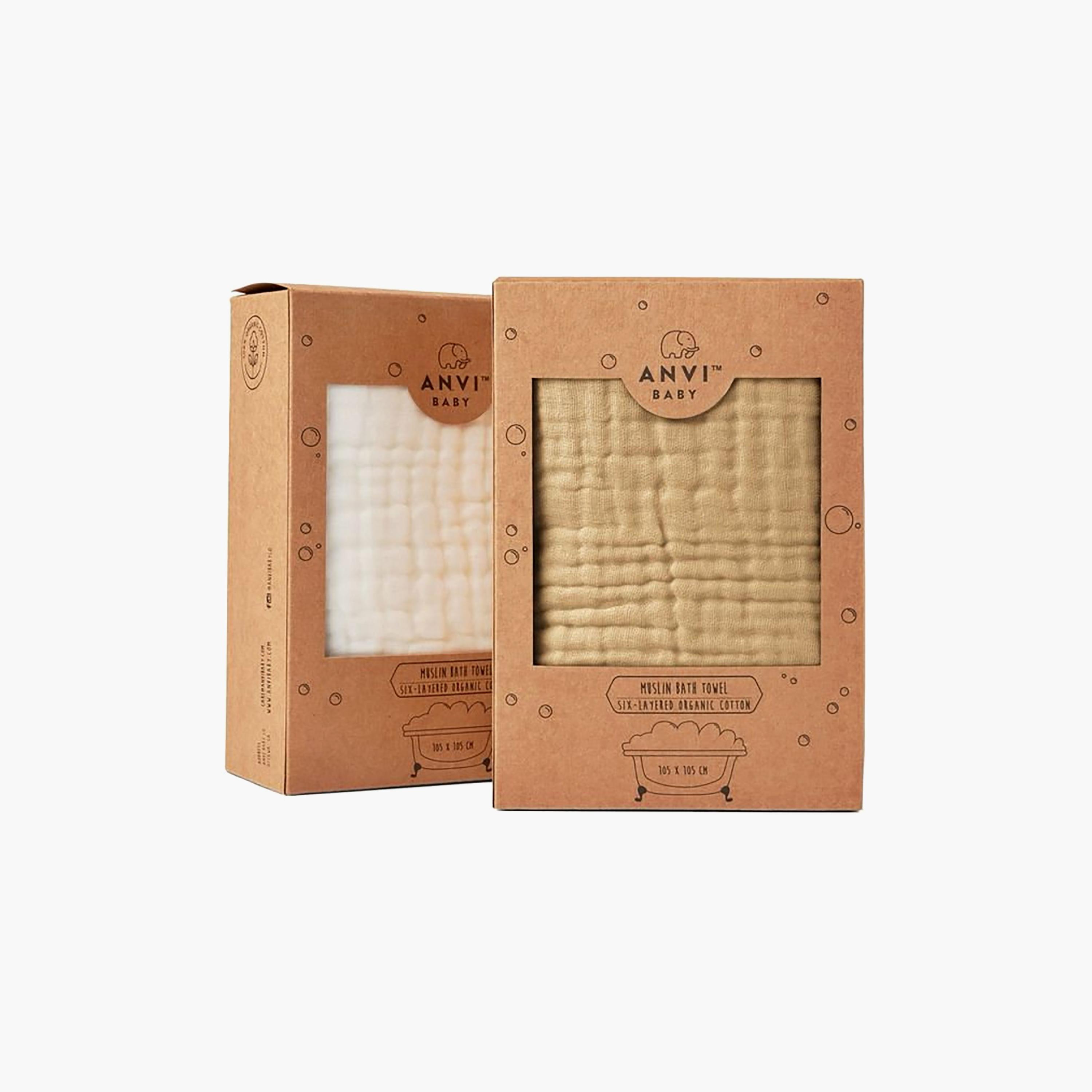 Anvi Baby 2-Piece Organic Muslin Bath Towel - Tan Brown & White-baby-bathandcare-towels-image-3