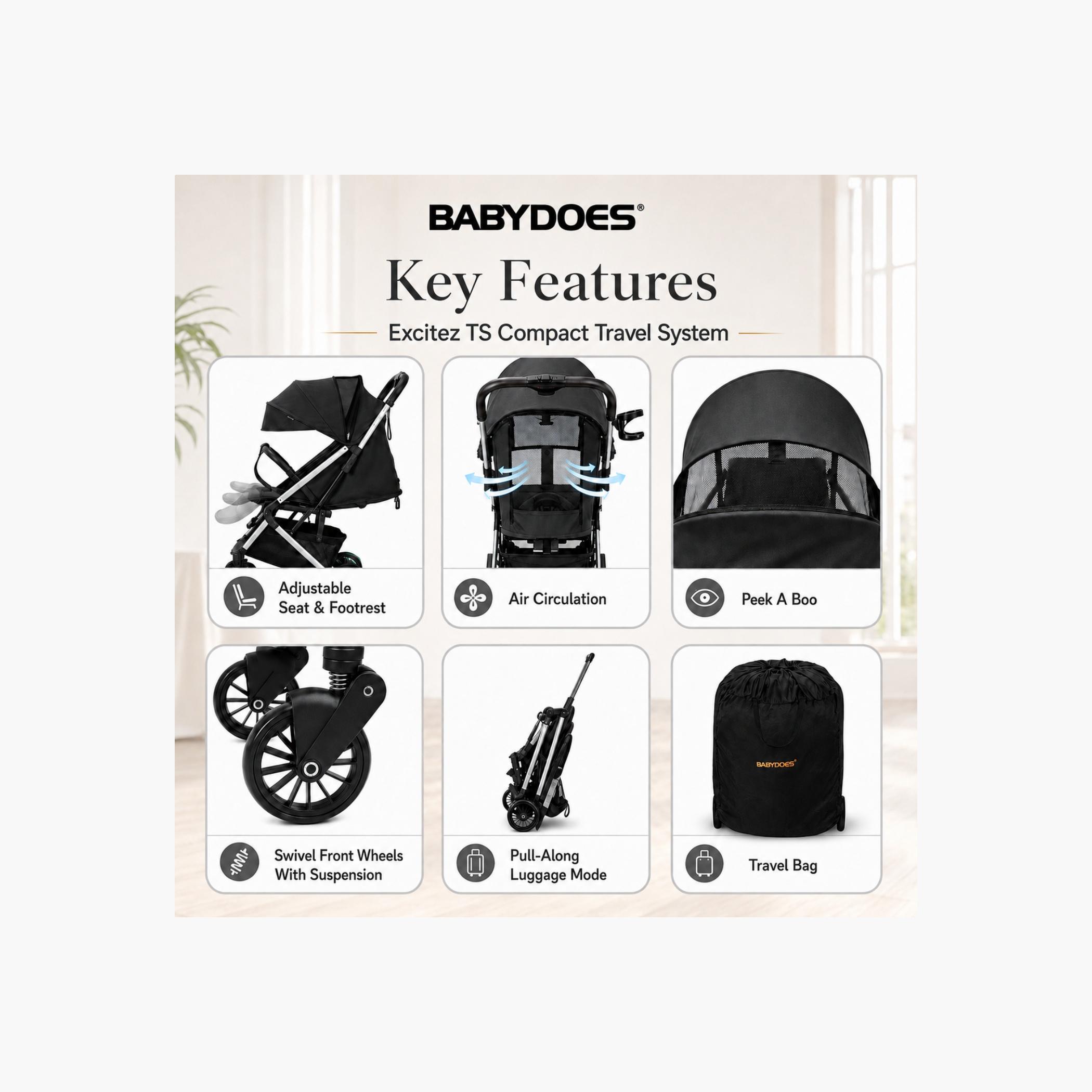 Babydoes Excitez Compact Travel System - 0-4 Years - Black-baby-gear-strollersandprams-travelsystems-image-8