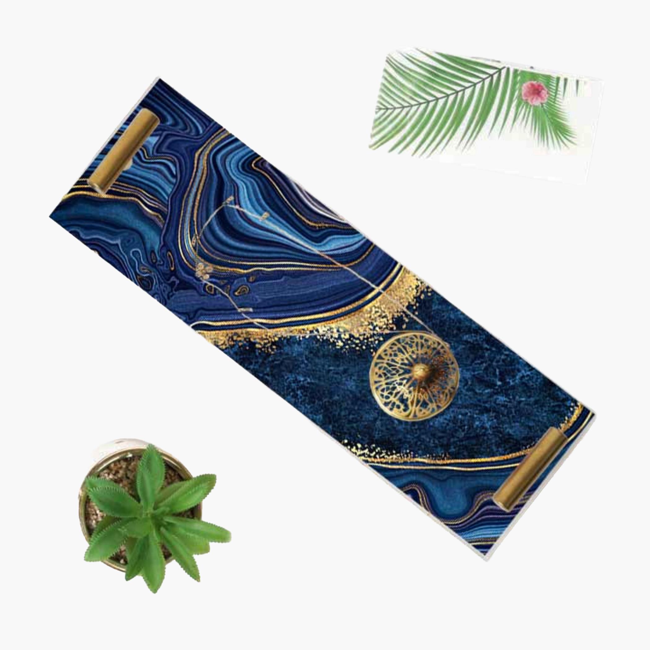 Decorative Acrylic Serving Tray with Gold Metal Handles and Marble Design 10×30 cm-household-dining-serveware-servingtrays-image-3
