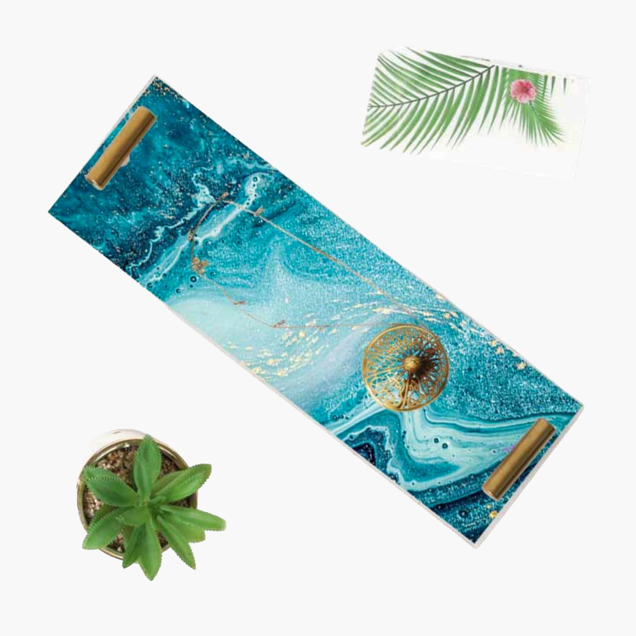 Decorative Acrylic Serving Tray with Gold Metal Handles and Marble Design 10×30 cm-household-dining-serveware-servingtrays-image-2