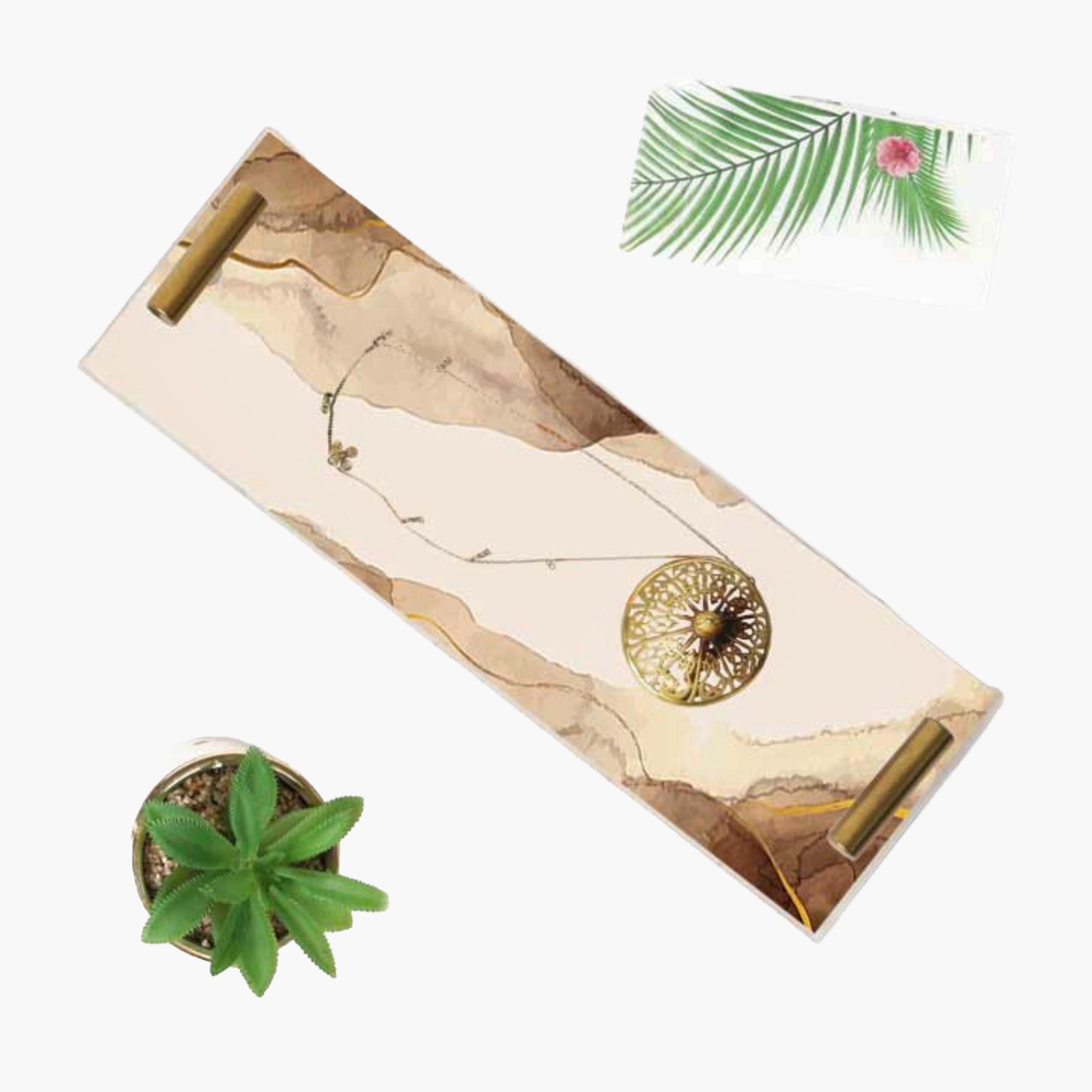 Decorative Acrylic Serving Tray with Gold Metal Handles and Marble Design 10×30 cm-household-dining-serveware-servingtrays-image-5