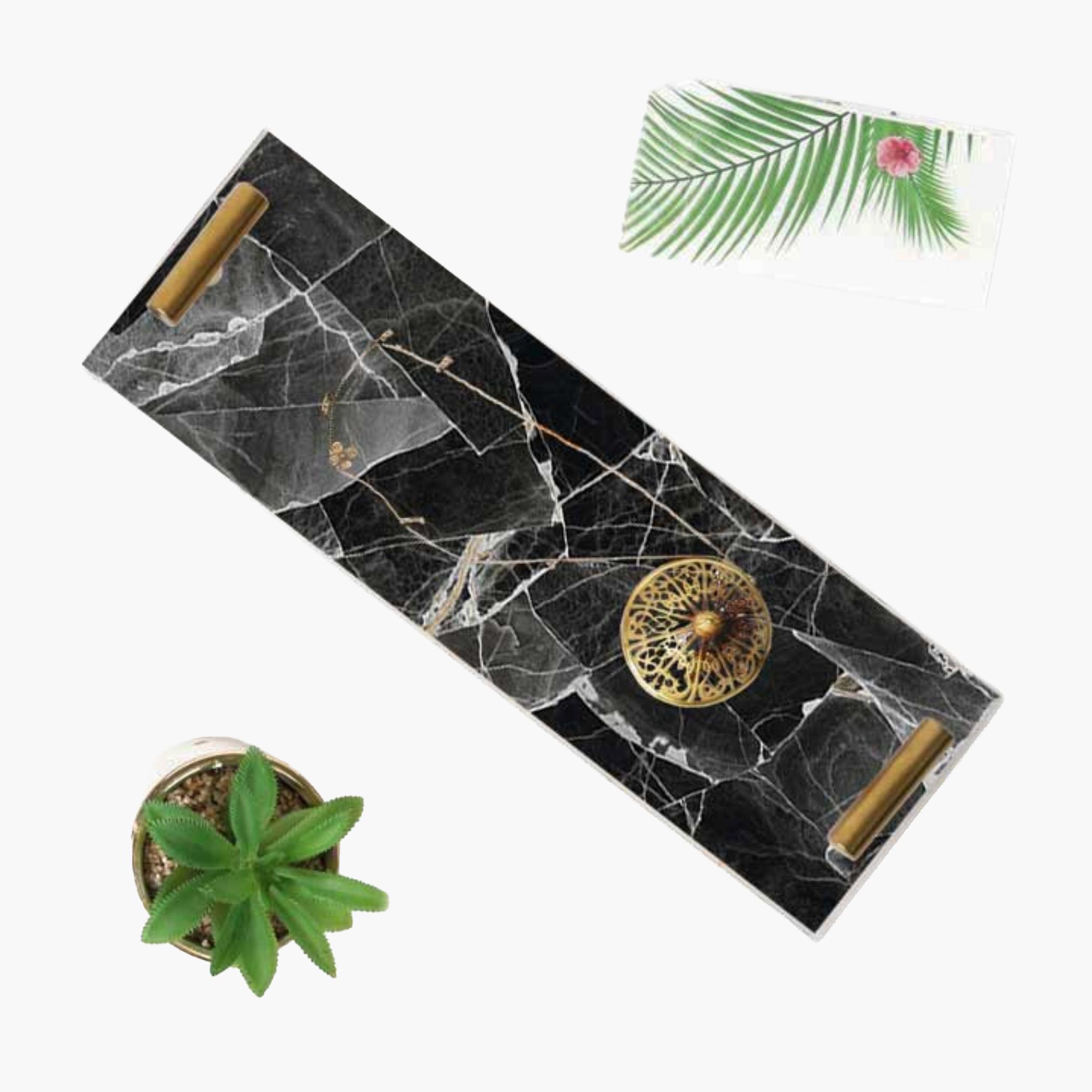 Decorative Acrylic Serving Tray with Gold Metal Handles and Marble Design 10×30 cm-household-dining-serveware-servingtrays-image-3