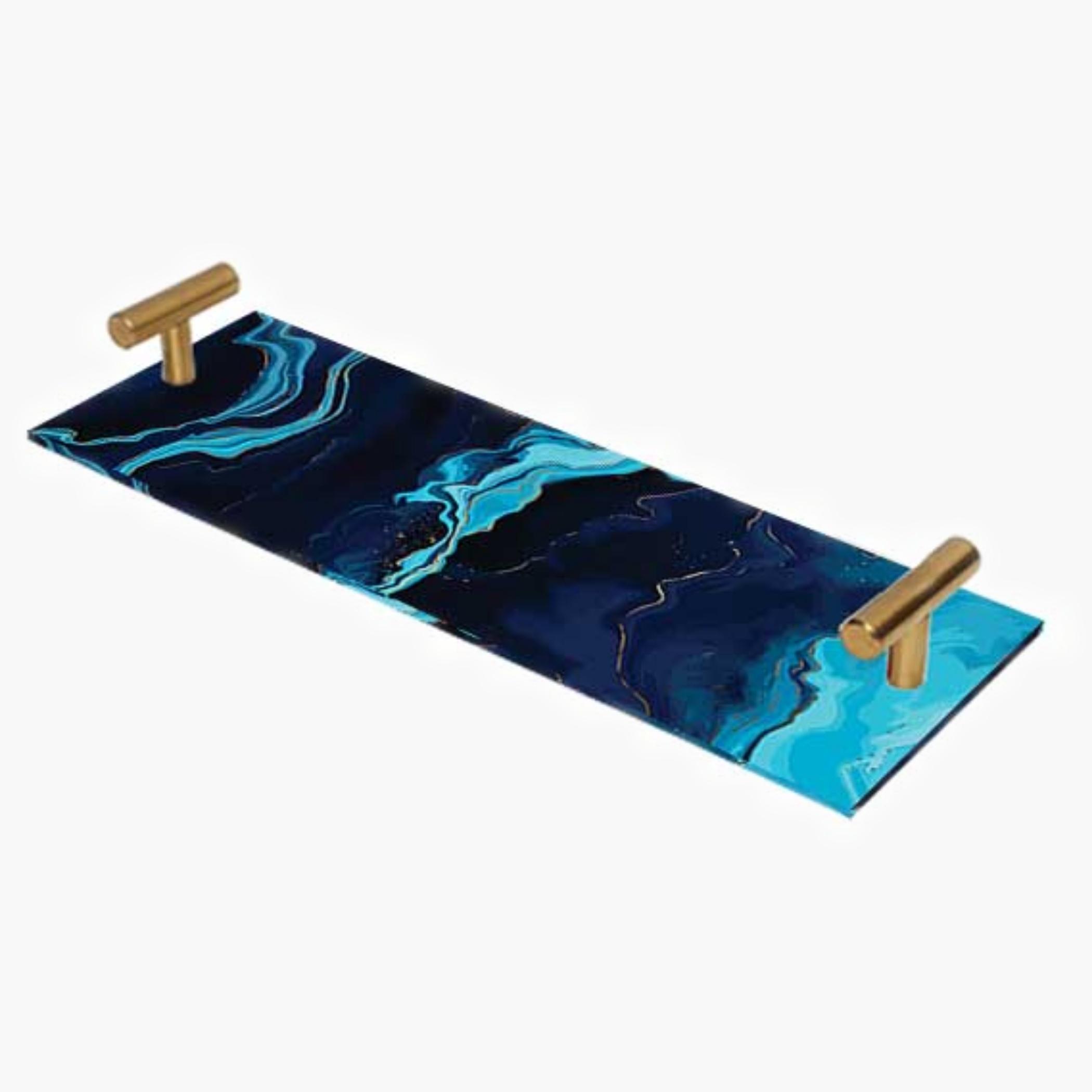 Decorative Acrylic Serving Tray with Gold Metal Handles and Marble Design 10×30 cm-household-dining-serveware-servingtrays-image-2