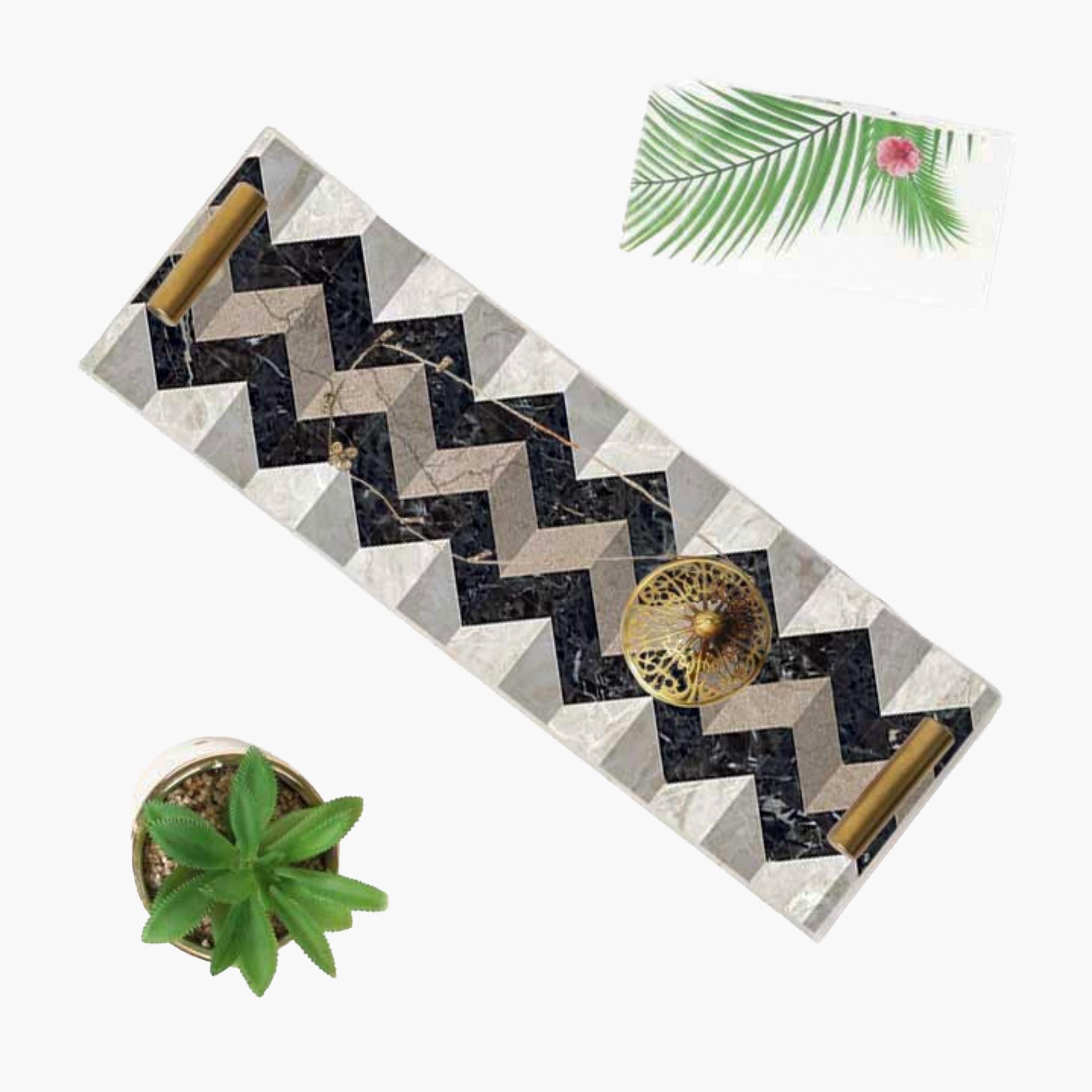 Decorative Acrylic Serving Tray with Gold Metal Handles and Marble Design 10×30 cm-household-dining-serveware-servingtrays-image-2