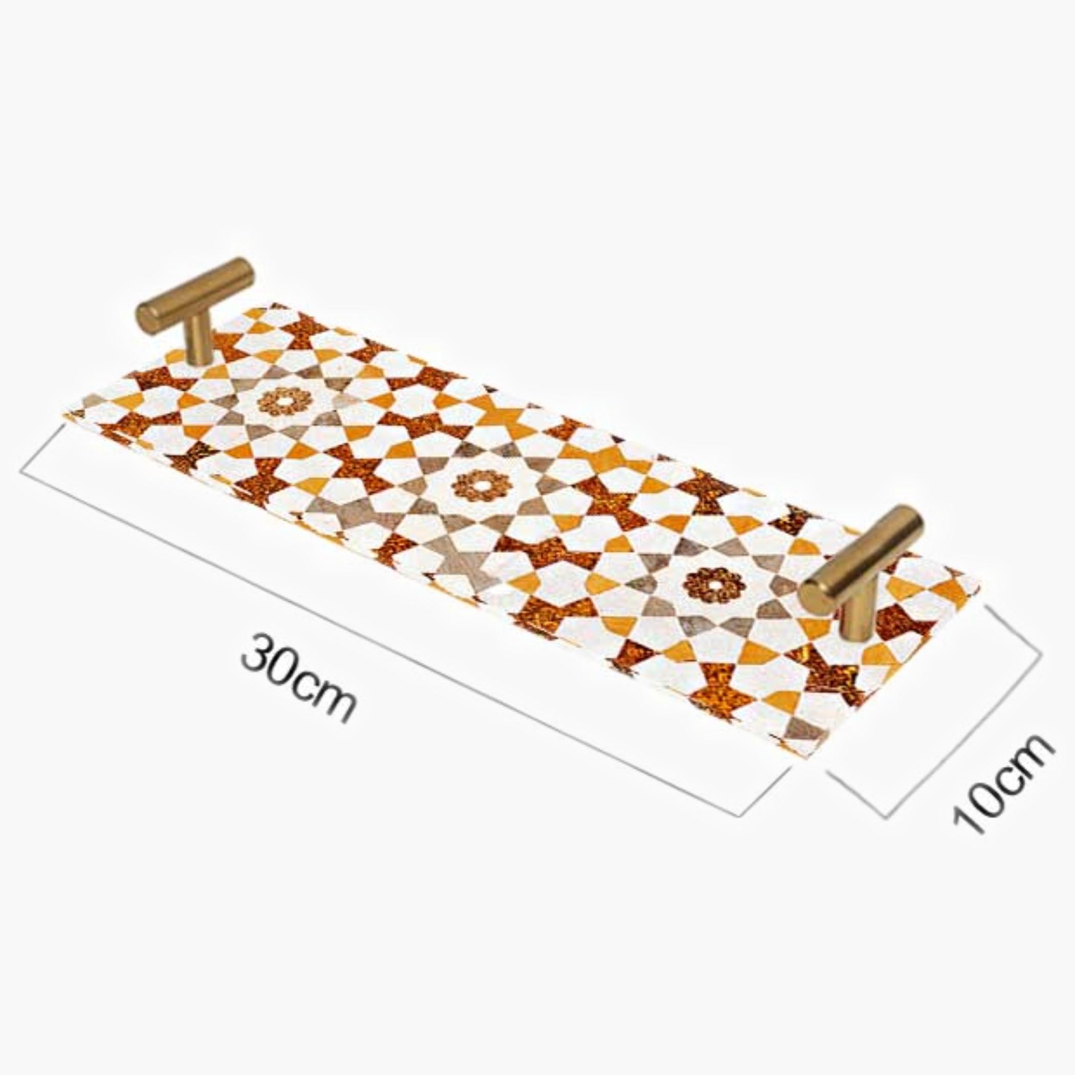 Decorative Acrylic Serving Tray with Gold Metal Handles and Marble Design 10×30 cm-household-dining-serveware-servingtrays-image-1