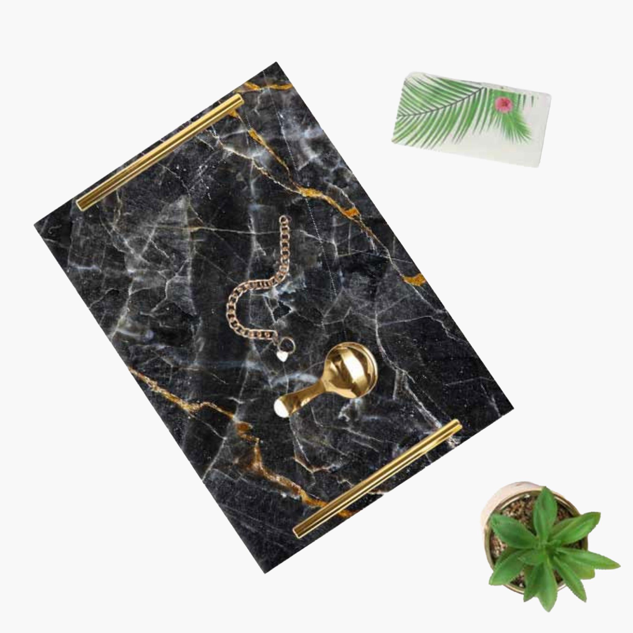 Decorative Acrylic Serving Tray with Gold Metal Handles and Marble Design 24×34 cm-household-dining-serveware-servingtrays-image-1