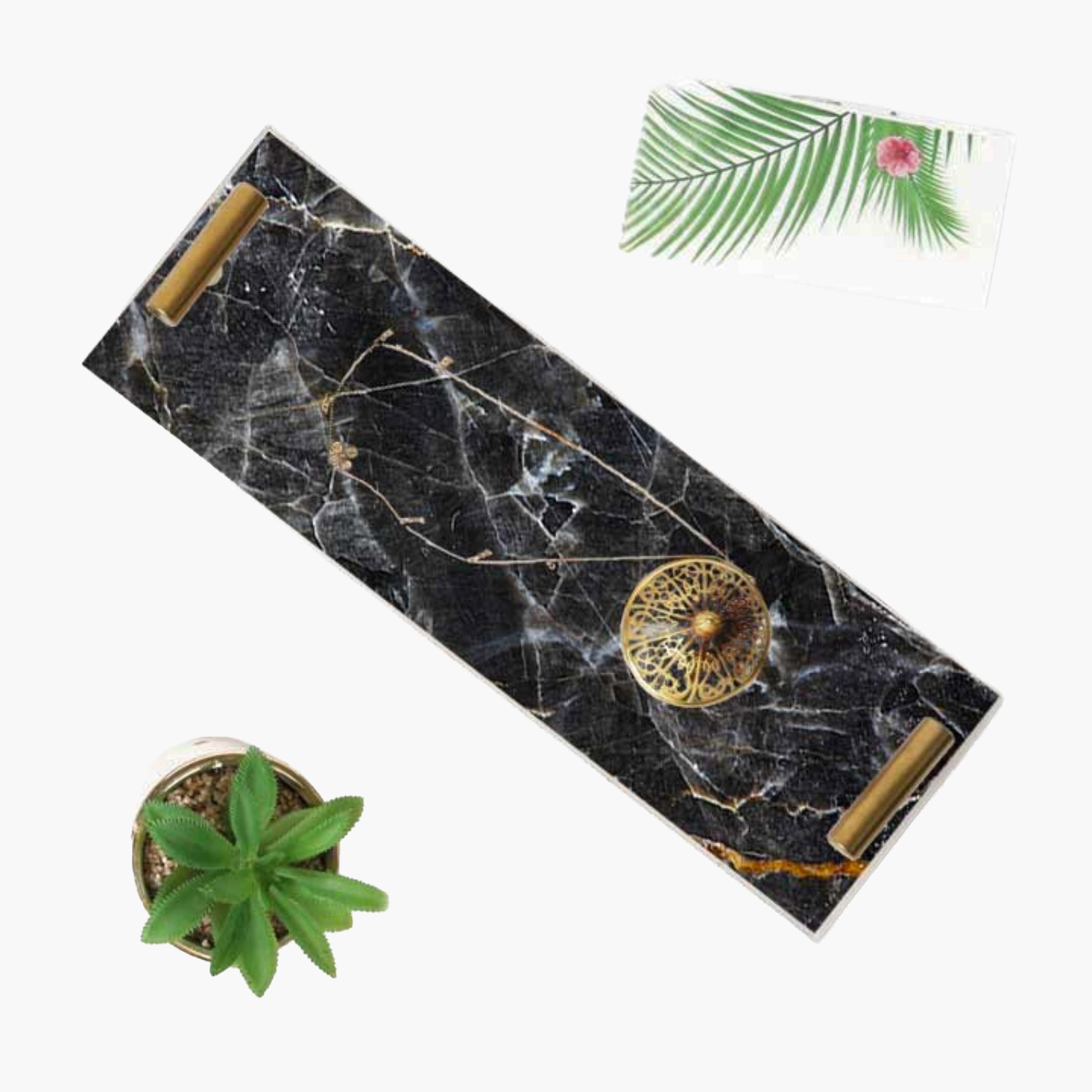 Decorative Acrylic Serving Tray with Gold Metal Handles and Marble Design 10×30 cm-household-dining-serveware-servingtrays-image-3