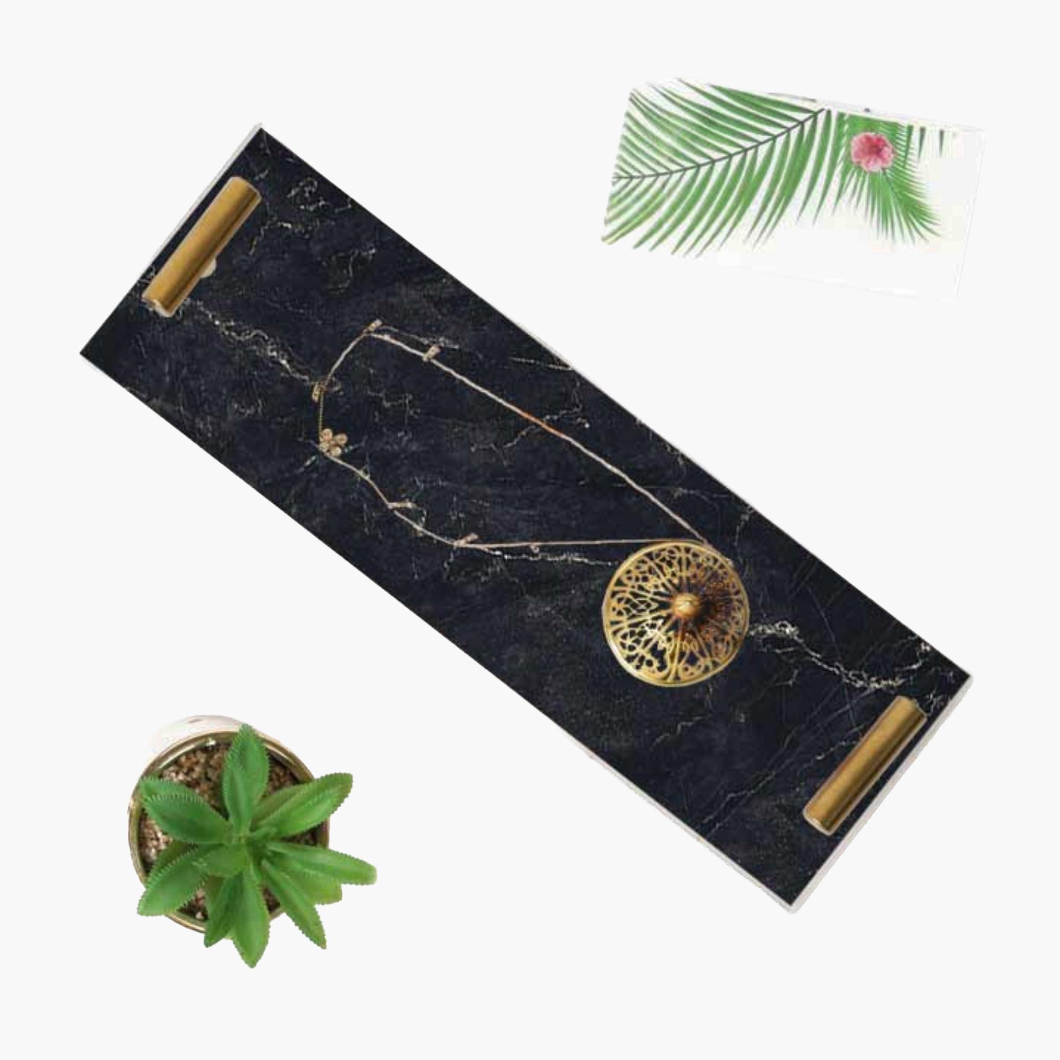 Decorative Acrylic Serving Tray with Gold Metal Handles and Marble Design 10×30 cm-household-dining-serveware-servingtrays-image-3