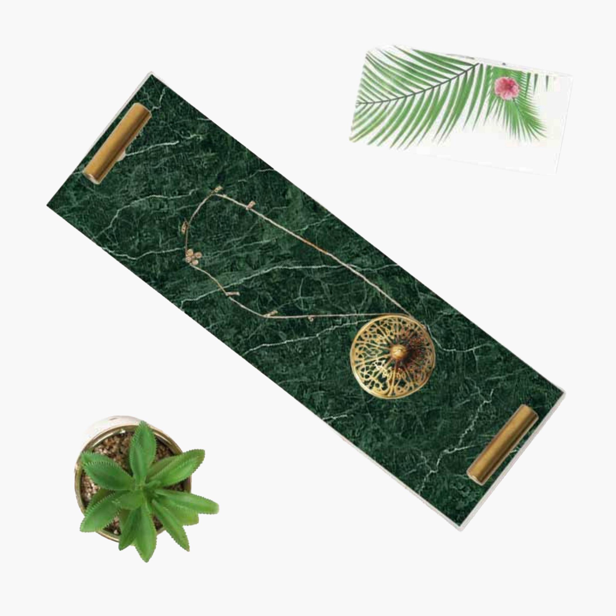 Decorative Acrylic Serving Tray with Gold Metal Handles and Marble Design 10×30 cm-household-dining-serveware-servingtrays-image-1