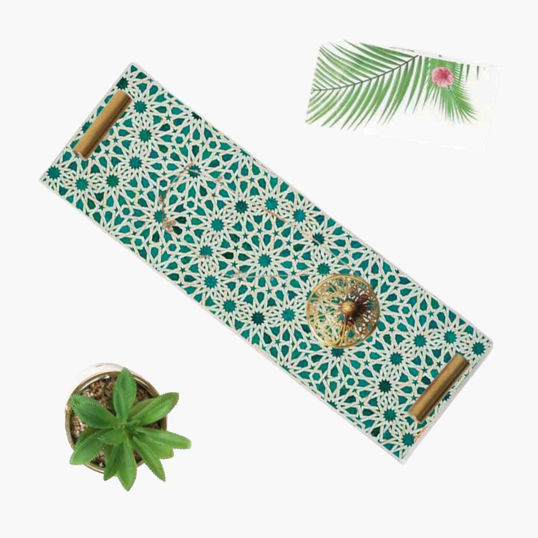 Decorative Acrylic Serving Tray with Gold Metal Handles and Marble Design 10×30 cm-household-dining-serveware-servingtrays-image-1