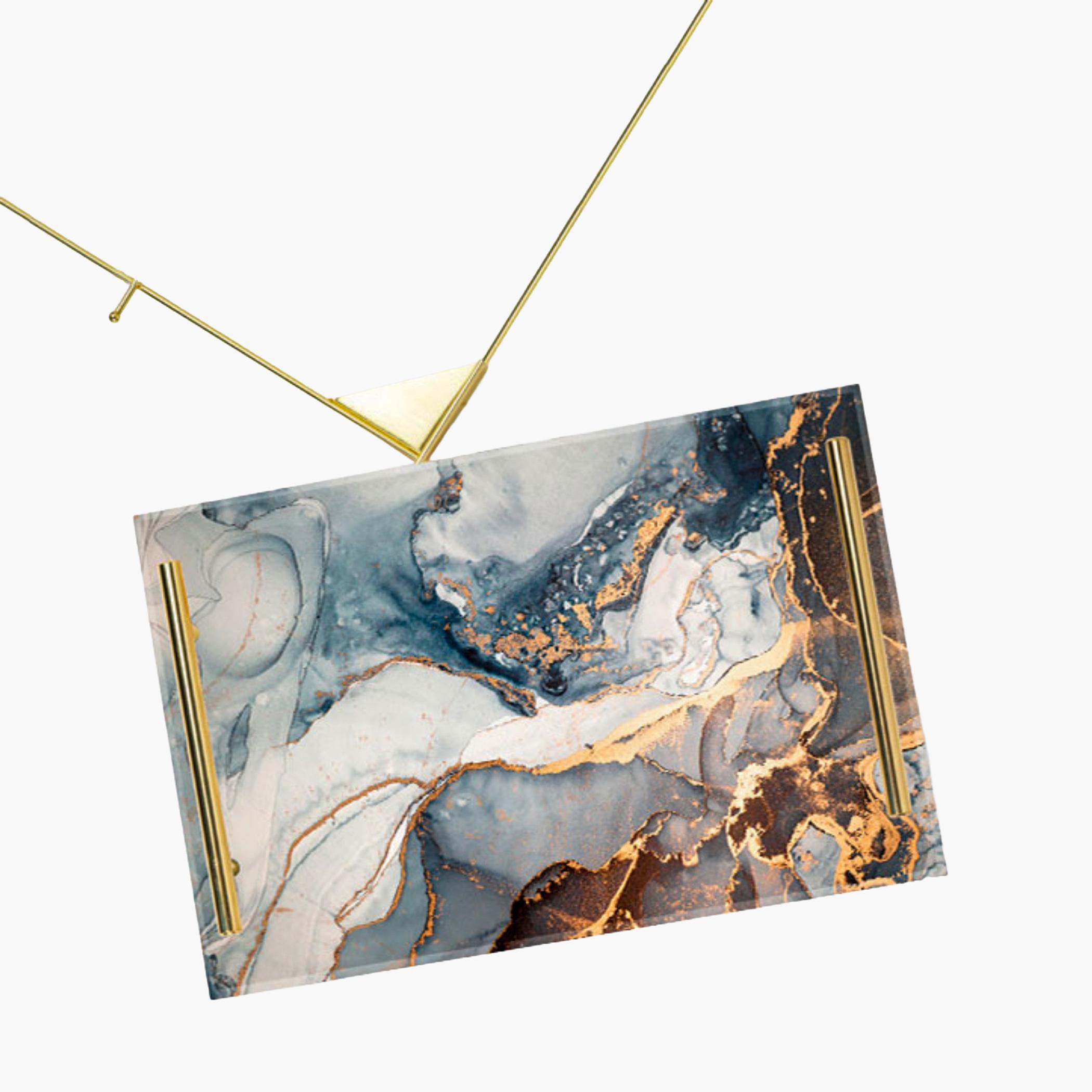 Decorative Acrylic Serving Tray with Gold Metal Handles and Marble Design 24×34 cm-household-dining-serveware-servingtrays-image-1