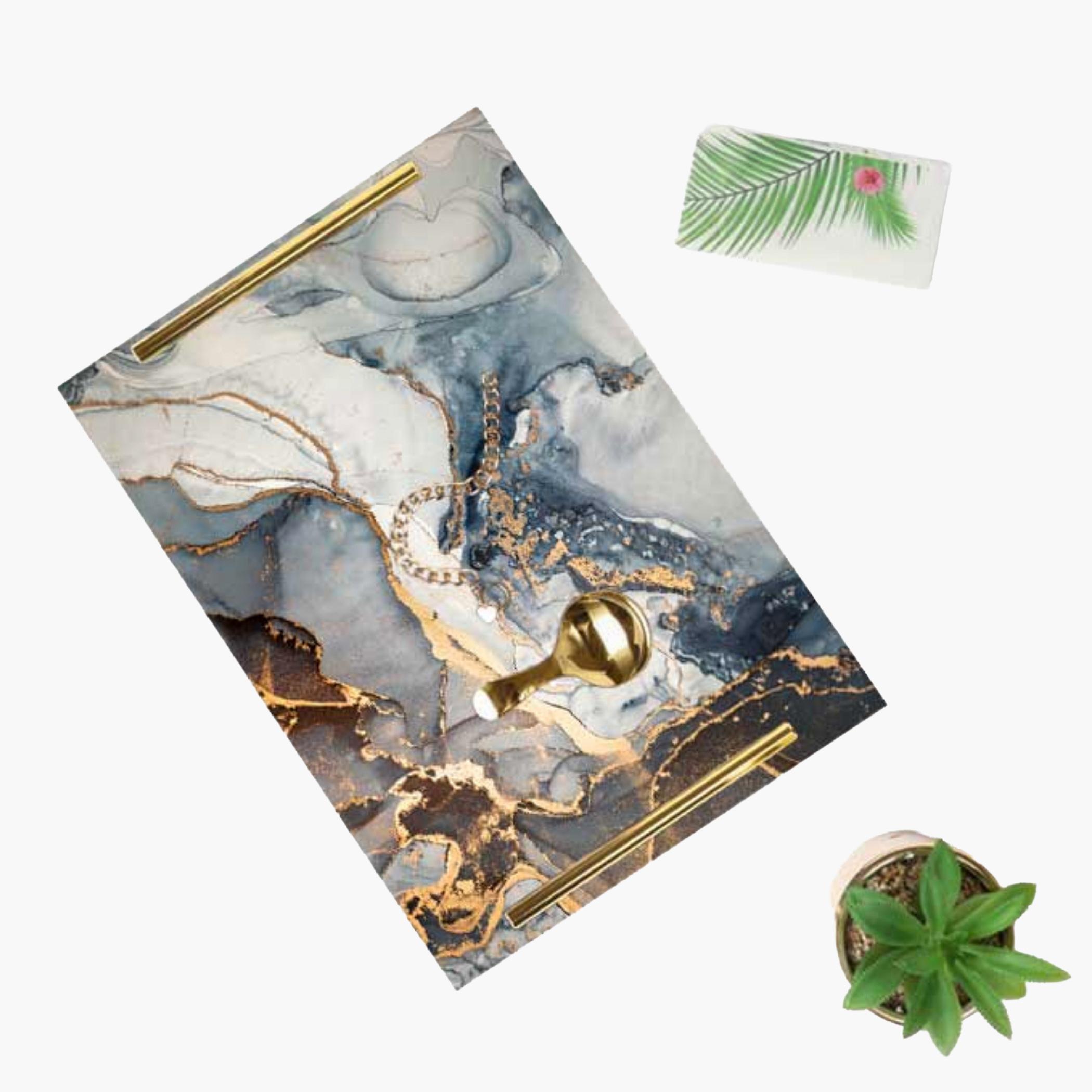 Decorative Acrylic Serving Tray with Gold Metal Handles and Marble Design 24×34 cm-household-dining-serveware-servingtrays-image-2