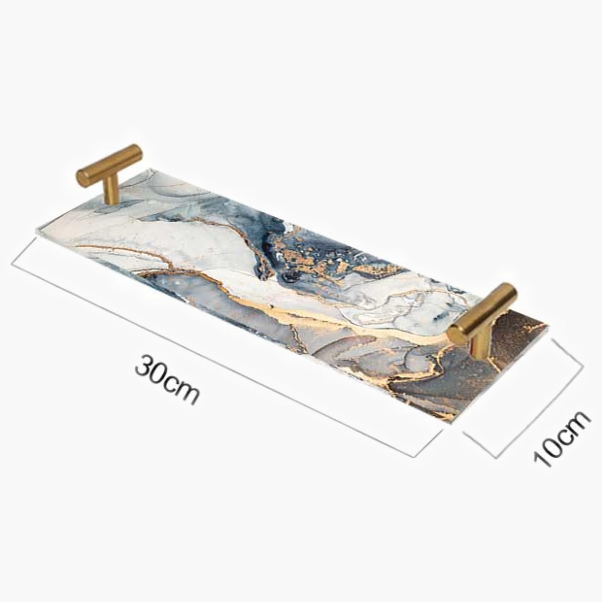 Decorative Acrylic Serving Tray with Gold Metal Handles and Marble Design 10×30 cm-household-dining-serveware-servingtrays-image-1
