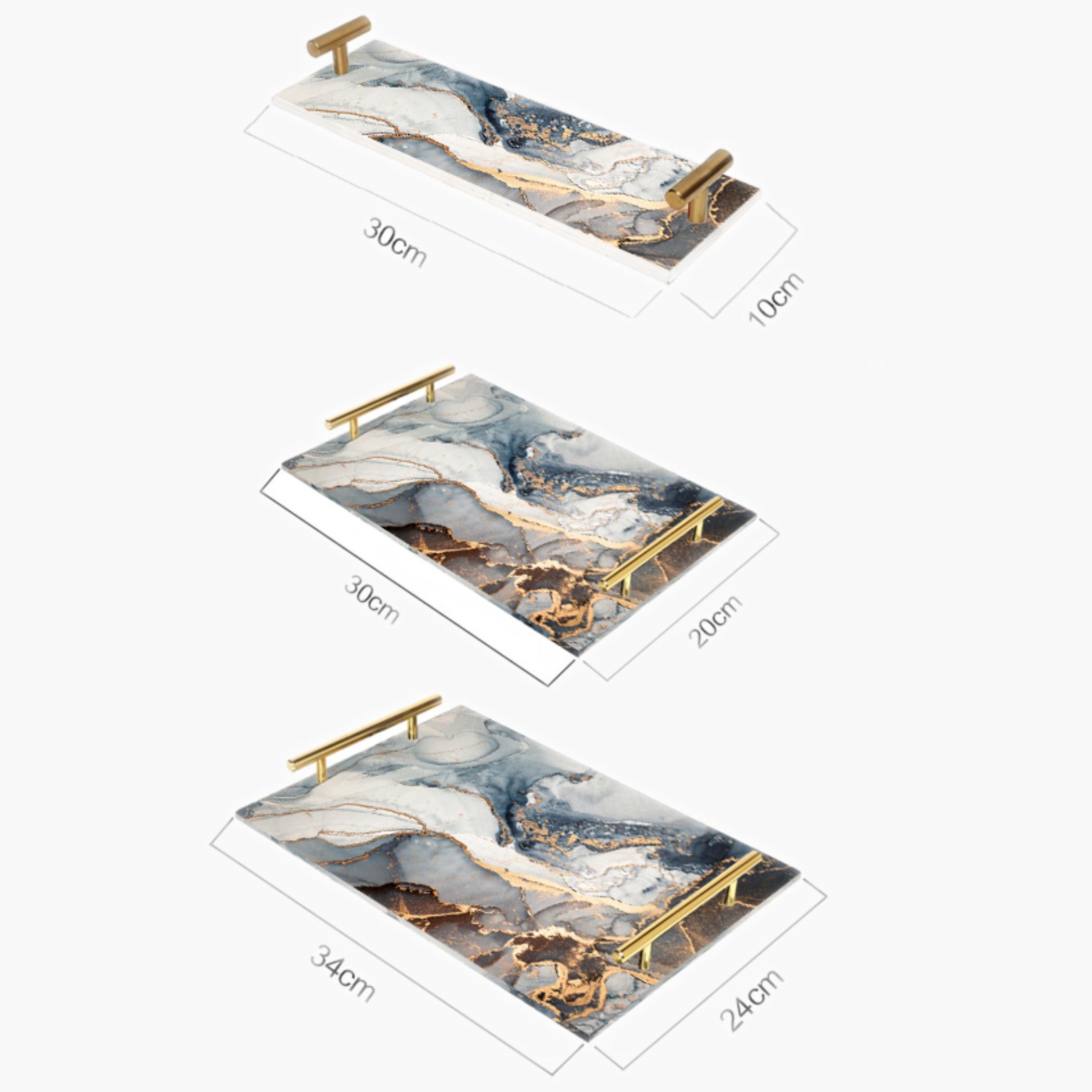 Decorative Acrylic Serving Tray with Gold Metal Handles and Marble Design 10×30 cm-household-dining-serveware-servingtrays-image-2