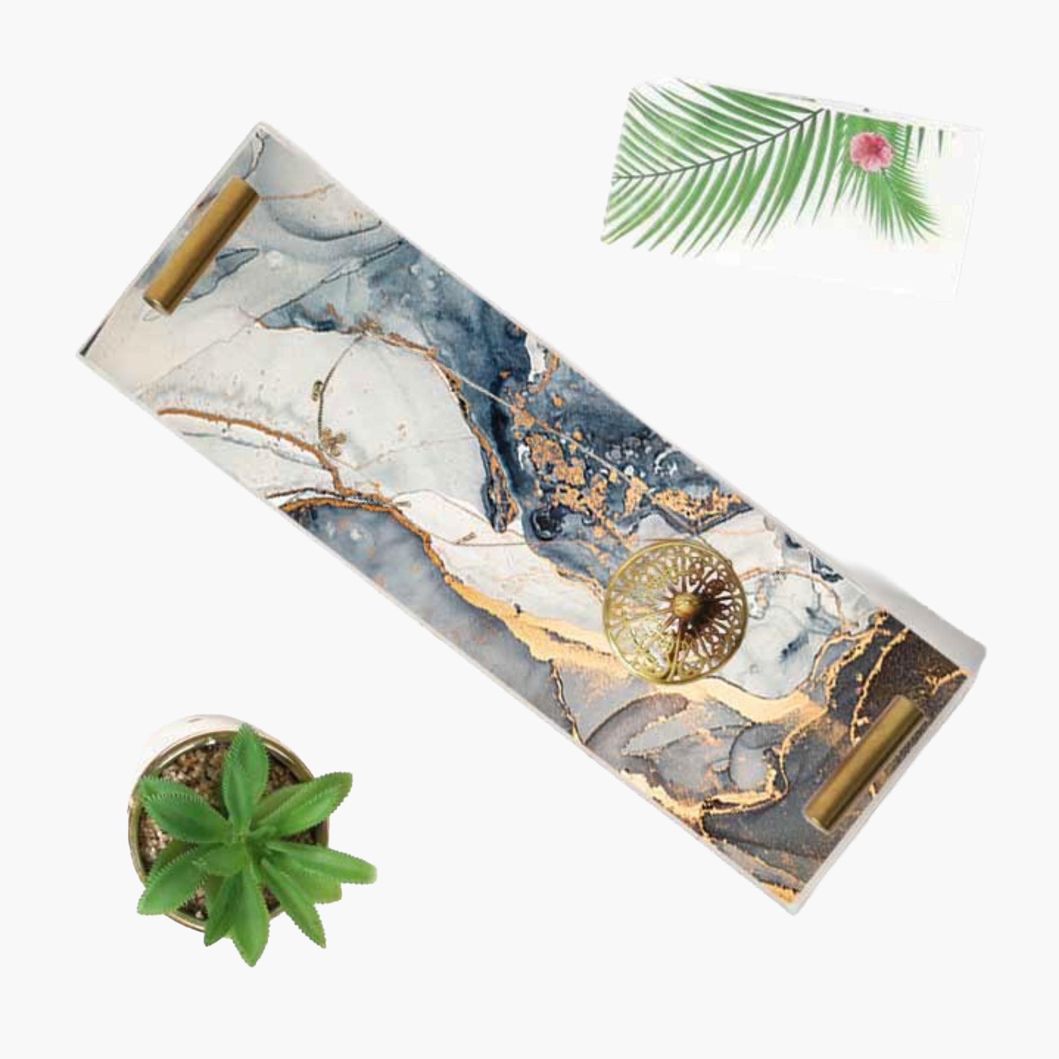 Decorative Acrylic Serving Tray with Gold Metal Handles and Marble Design 10×30 cm-household-dining-serveware-servingtrays-image-3