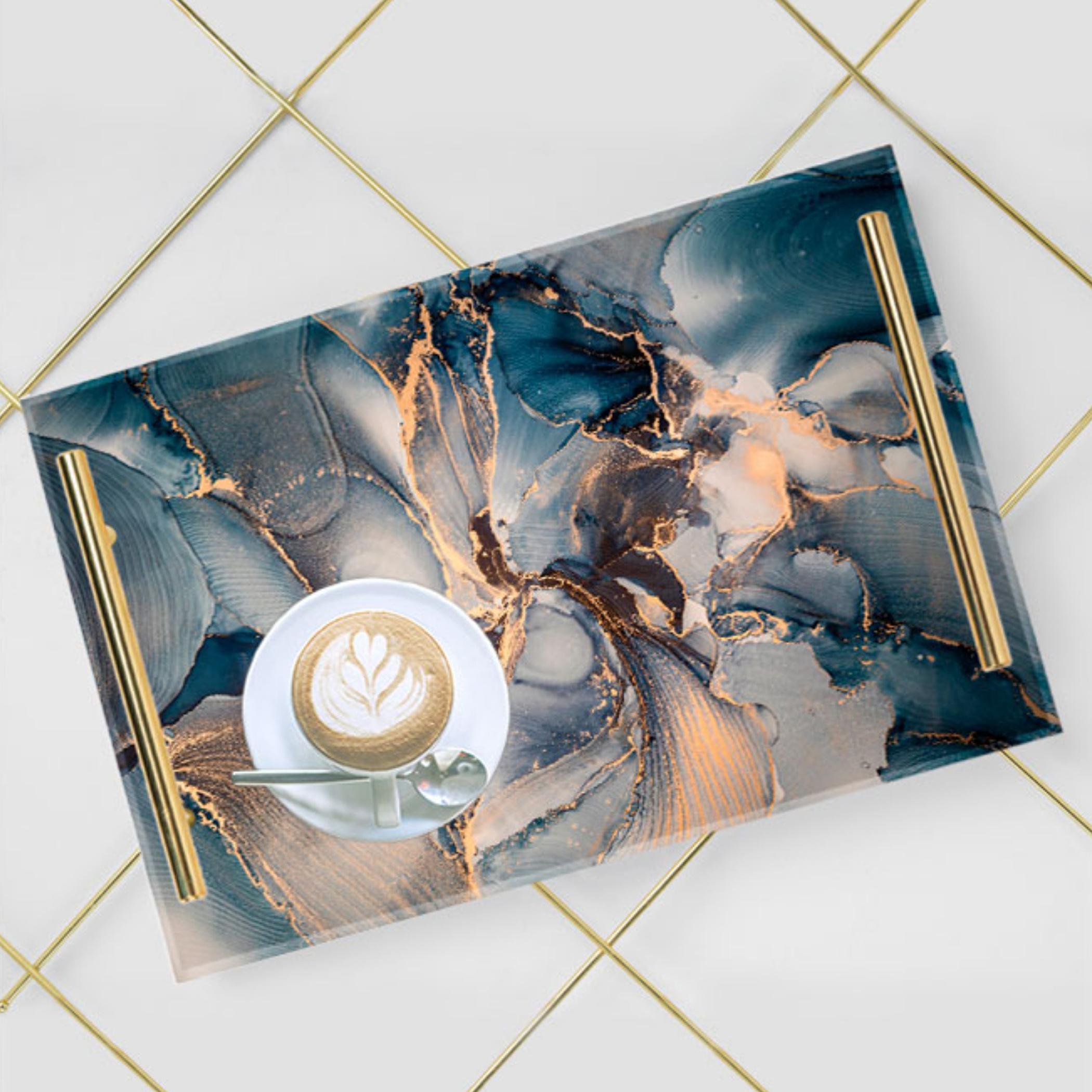 Decorative Acrylic Serving Tray with Gold Metal Handles and Marble Design 20×30 cm-household-dining-serveware-servingtrays-image-1