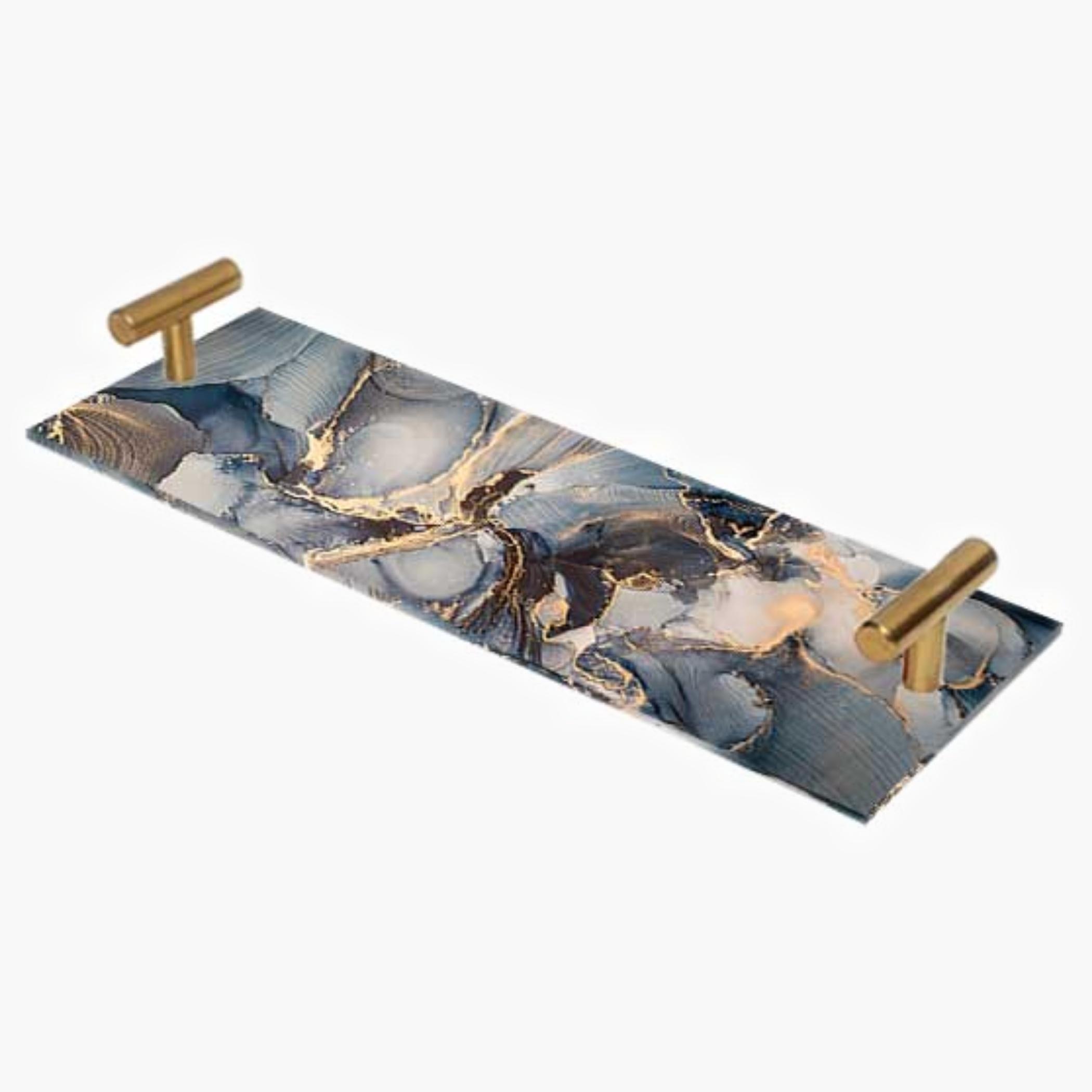 Decorative Acrylic Serving Tray with Gold Metal Handles and Marble Design 10×30 cm-household-dining-serveware-servingtrays-image-1