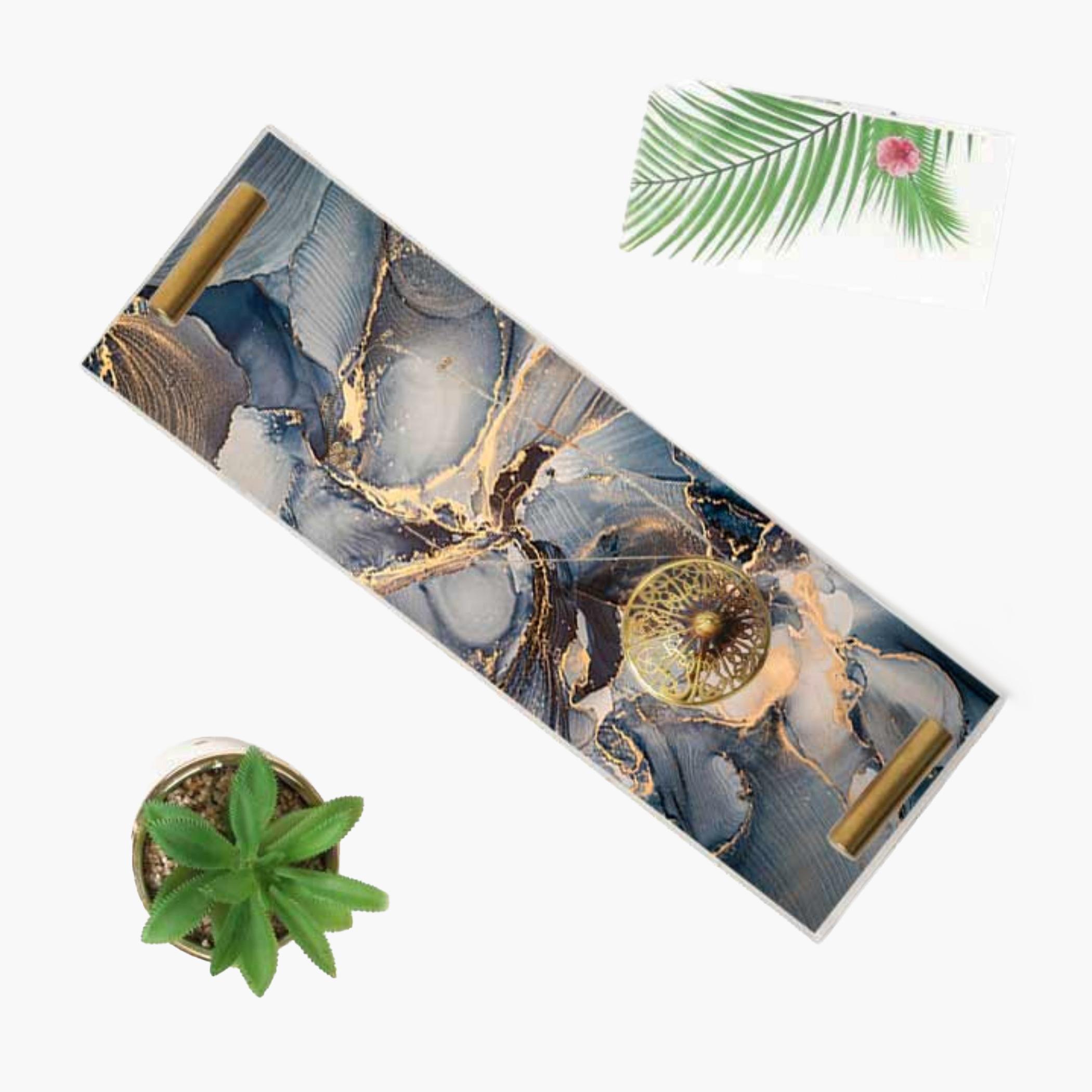 Decorative Acrylic Serving Tray with Gold Metal Handles and Marble Design 10×30 cm-household-dining-serveware-servingtrays-image-3