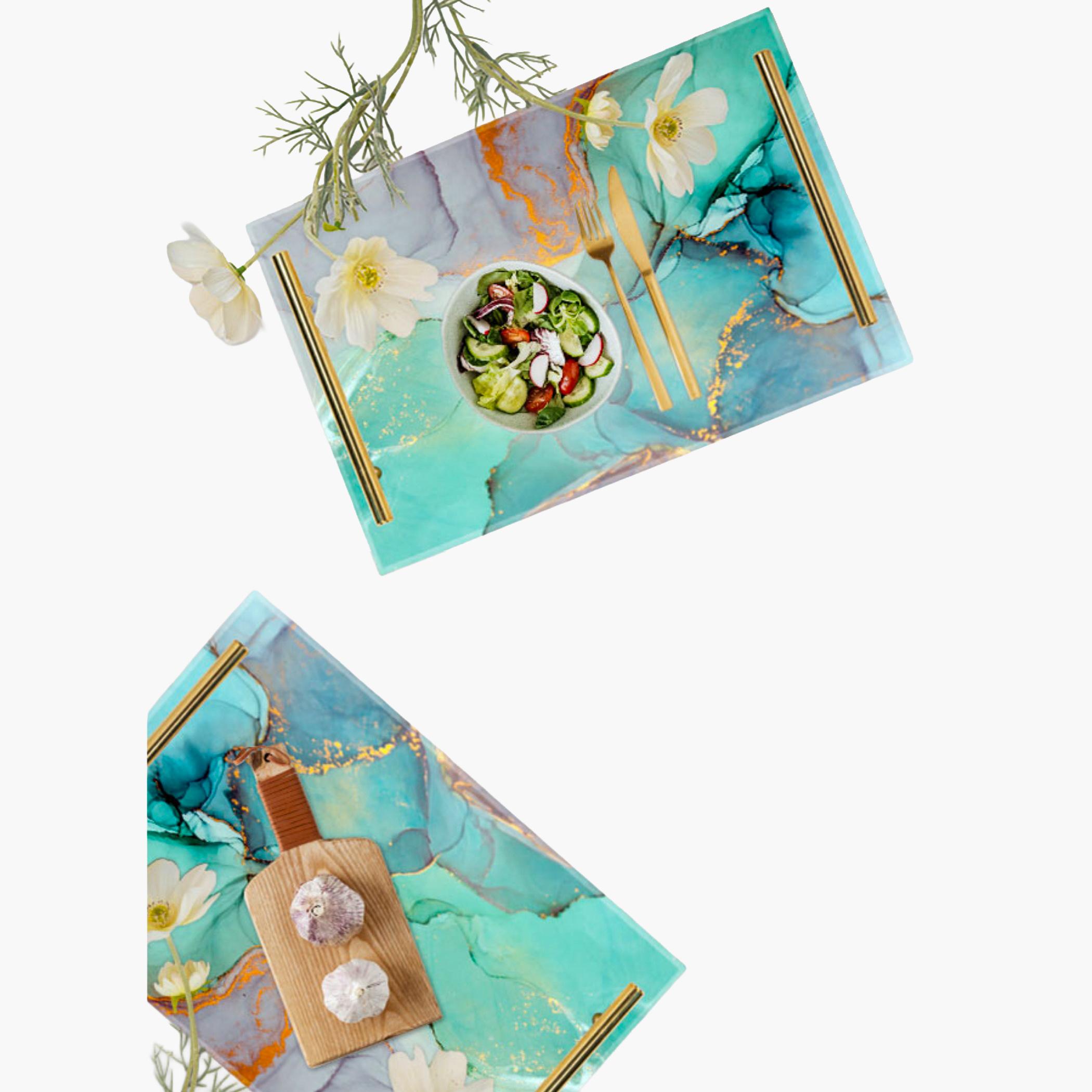 Decorative Acrylic Serving Tray with Gold Metal Handles and Marble Design 24×34 cm-household-dining-serveware-servingtrays-image-2