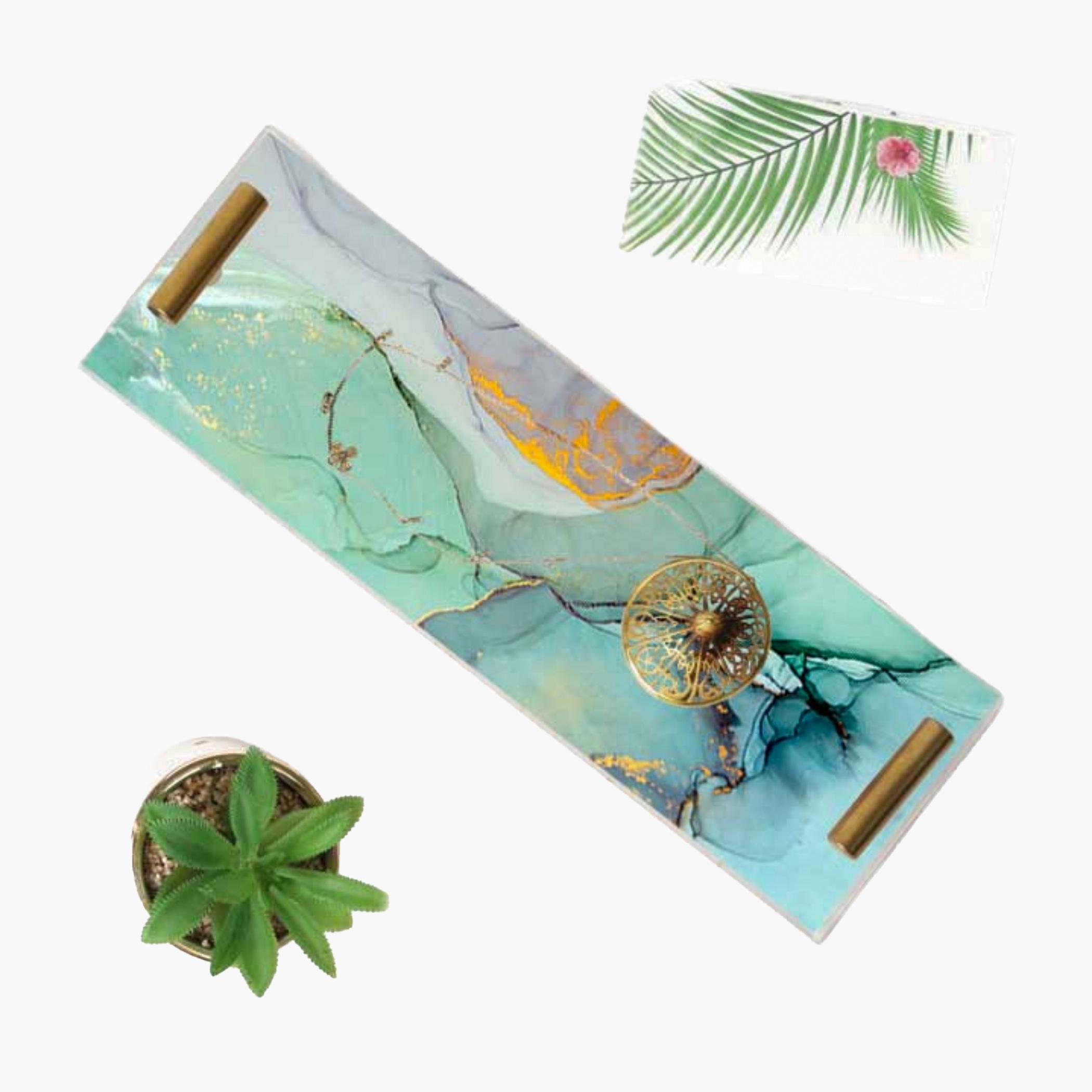 Decorative Acrylic Serving Tray with Gold Metal Handles and Marble Design 10×30 cm-household-dining-serveware-servingtrays-image-1
