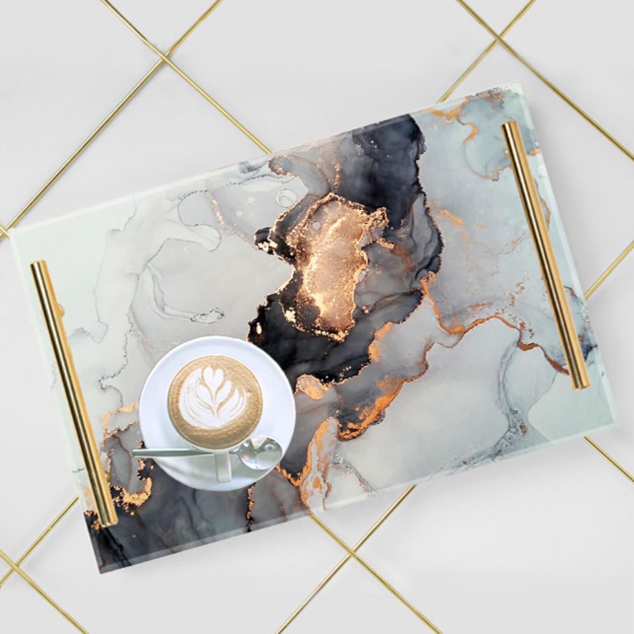 Decorative Acrylic Serving Tray with Gold Metal Handles and Marble Design 24×34 cm-household-dining-serveware-servingtrays-image-1