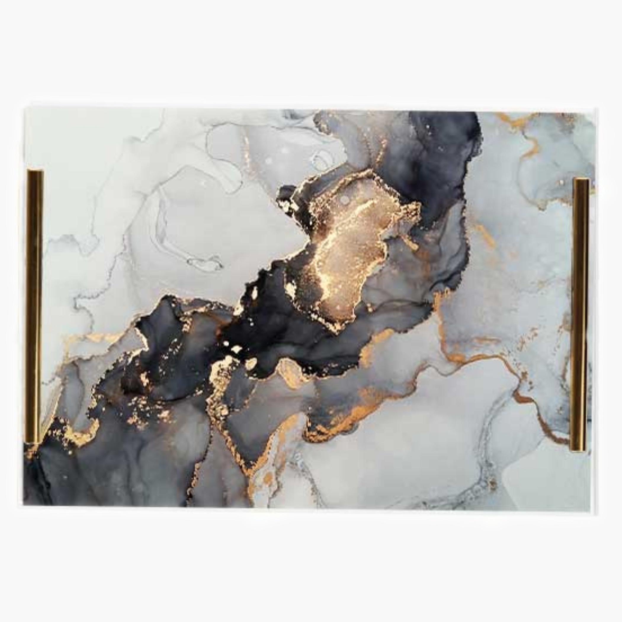 Decorative Acrylic Serving Tray with Gold Metal Handles and Marble Design 20×30 cm-household-dining-serveware-servingtrays-image-1