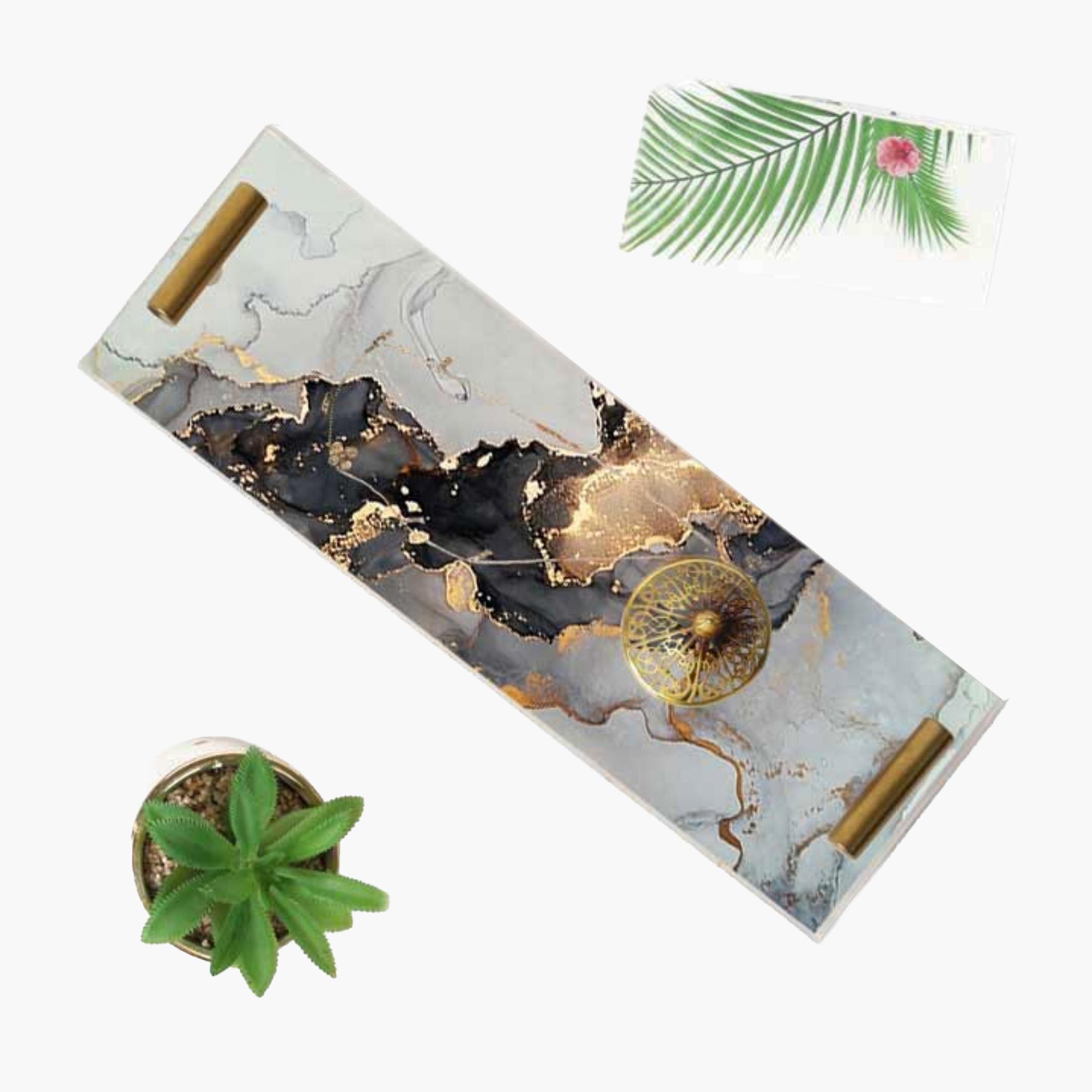 Decorative Acrylic Serving Tray with Gold Metal Handles and Marble Design 10×30 cm-household-dining-serveware-servingtrays-image-1