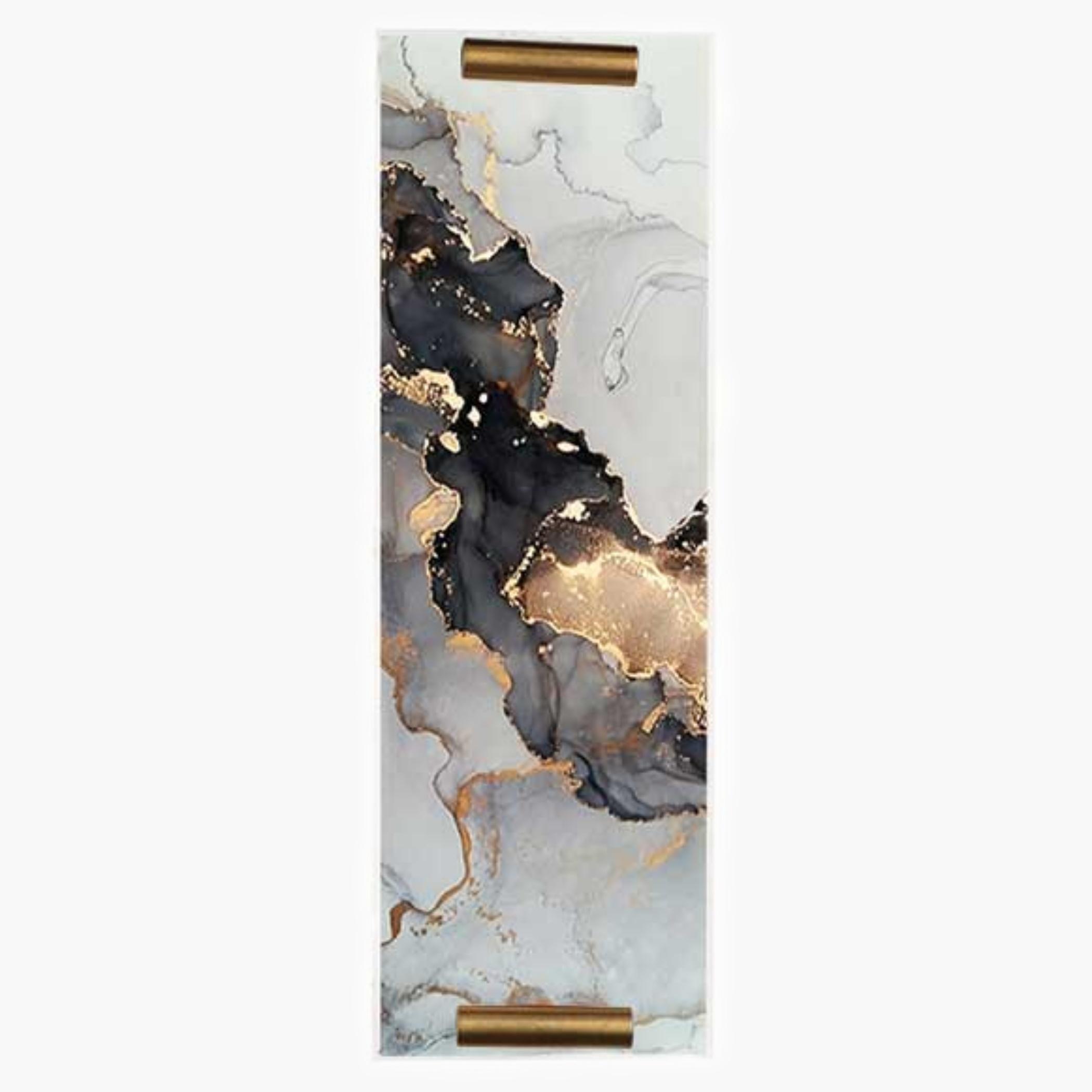 Decorative Acrylic Serving Tray with Gold Metal Handles and Marble Design 10×30 cm-household-dining-serveware-servingtrays-image-2