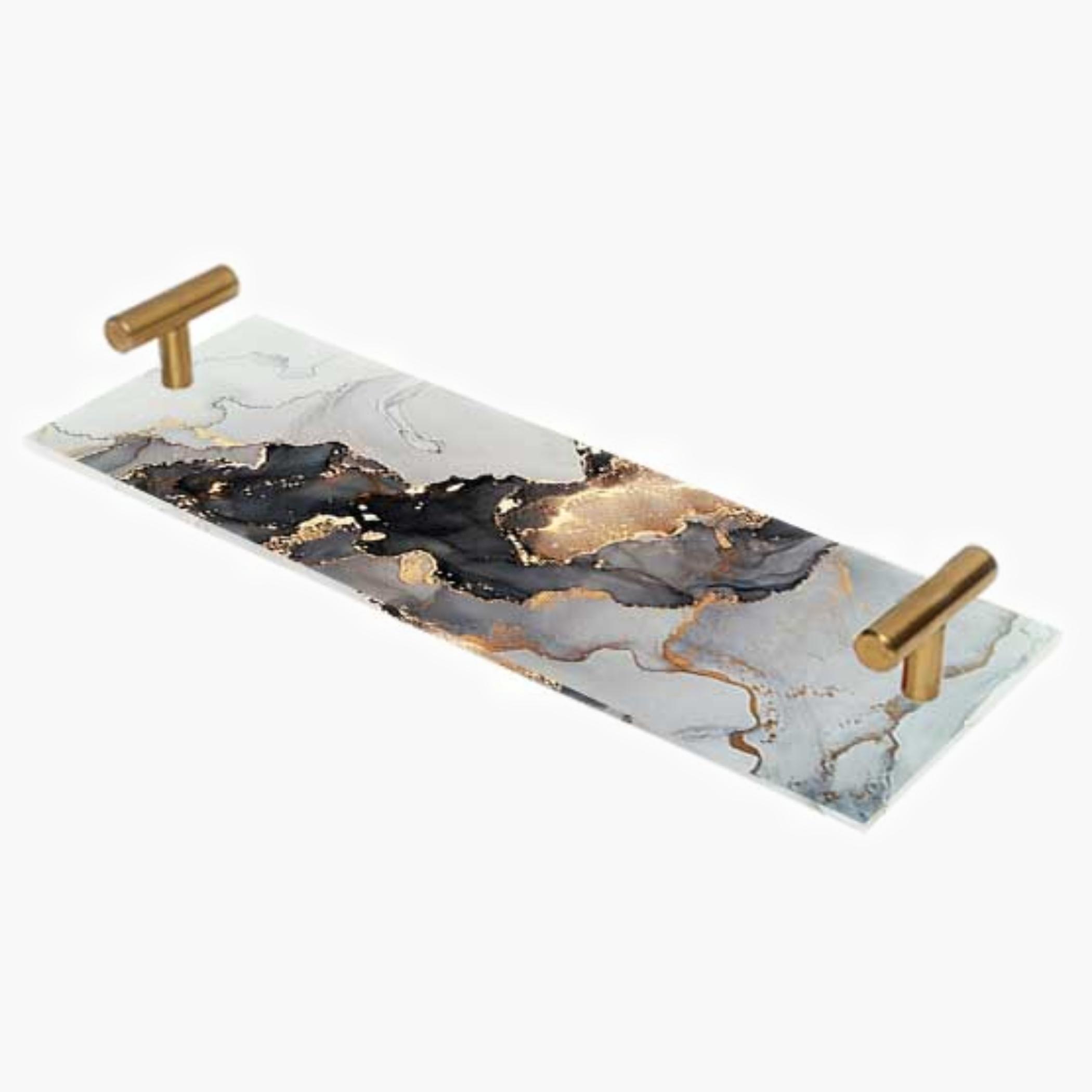 Decorative Acrylic Serving Tray with Gold Metal Handles and Marble Design 10×30 cm-household-dining-serveware-servingtrays-image-3