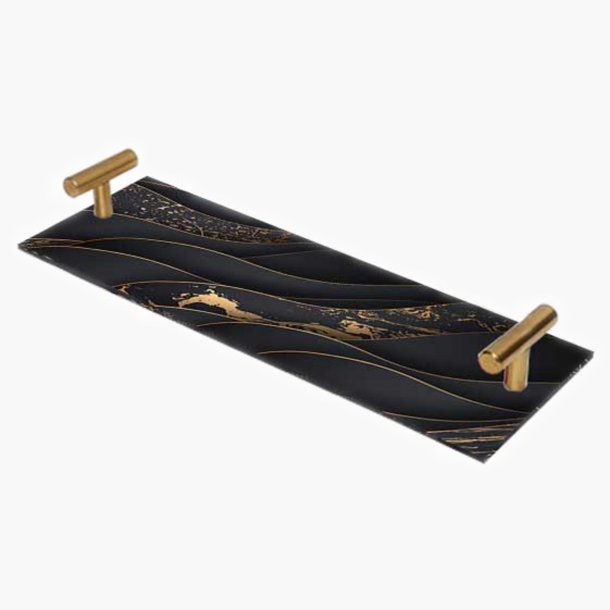 Decorative Acrylic Serving Tray with Gold Metal Handles and Marble Design 10×30 cm-household-dining-serveware-servingtrays-image-1