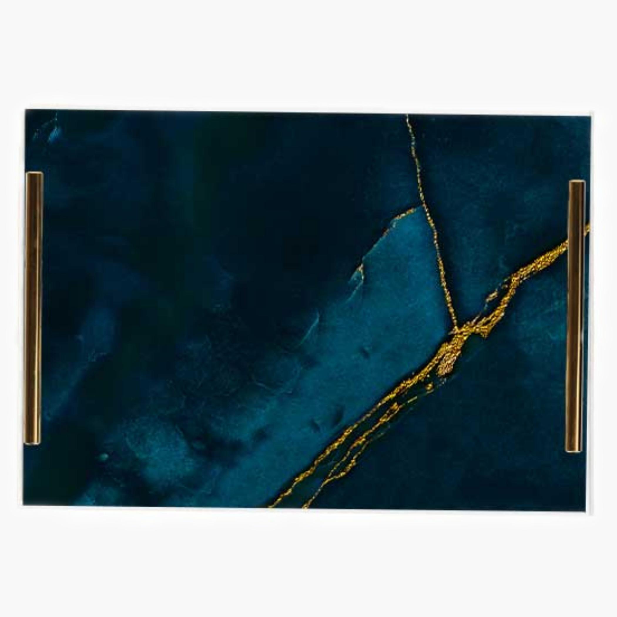 Decorative Acrylic Serving Tray with Gold Metal Handles and Marble Design 24×34 cm-household-dining-serveware-servingtrays-image-1
