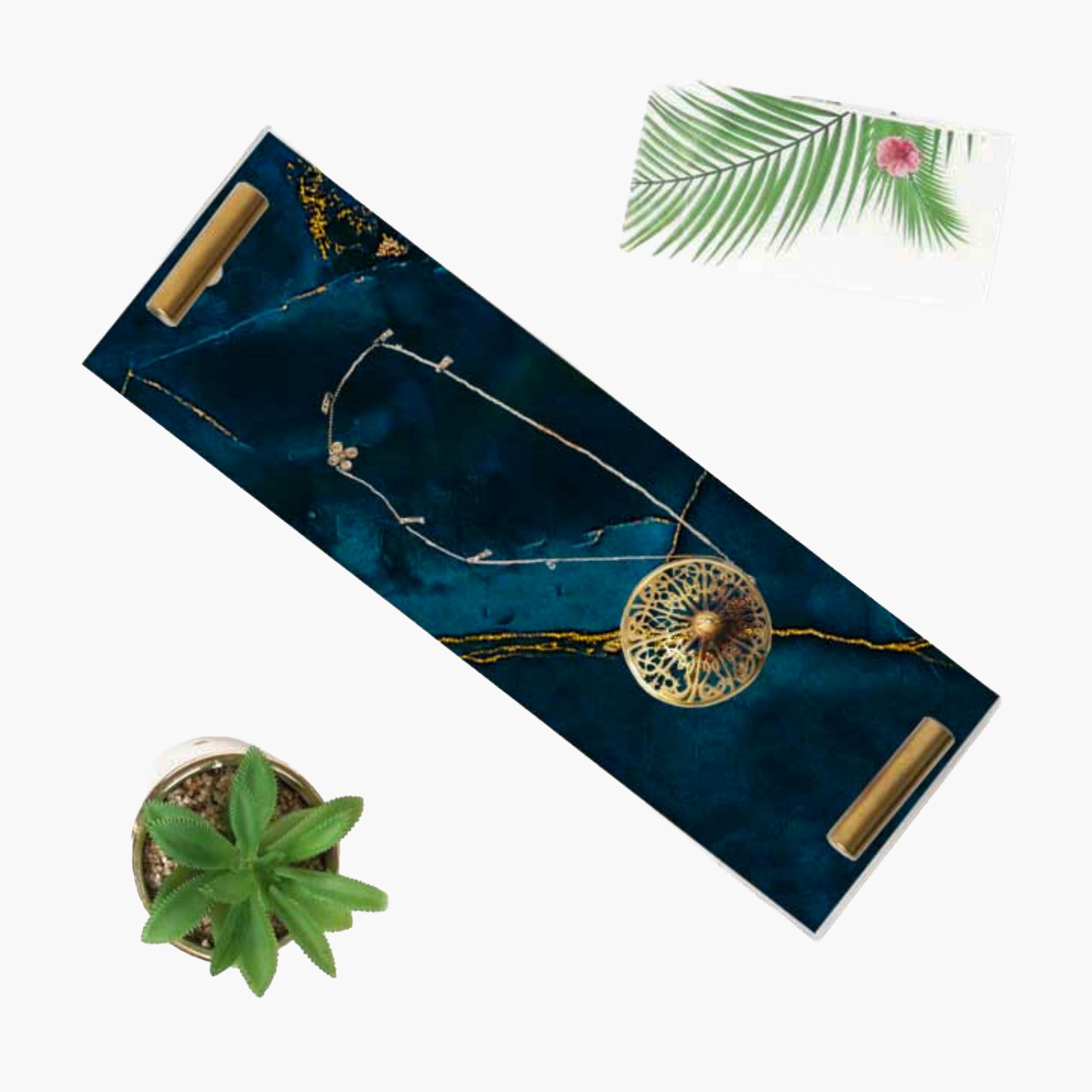 Decorative Acrylic Serving Tray with Gold Metal Handles and Marble Design 10×30 cm-household-dining-serveware-servingtrays-image-1