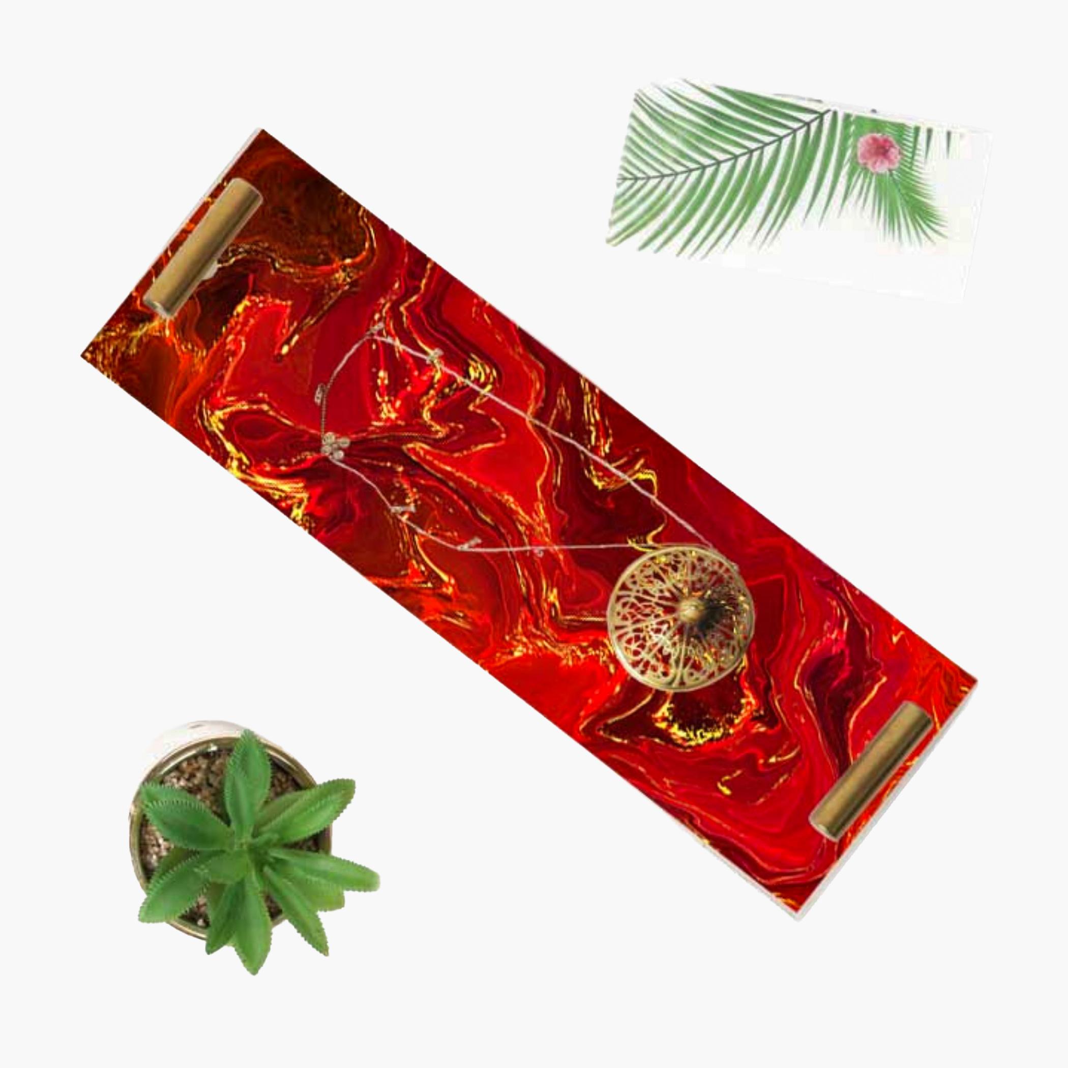 Decorative Acrylic Serving Tray with Gold Metal Handles and Marble Design 10×30 cm-household-dining-serveware-servingtrays-image-1