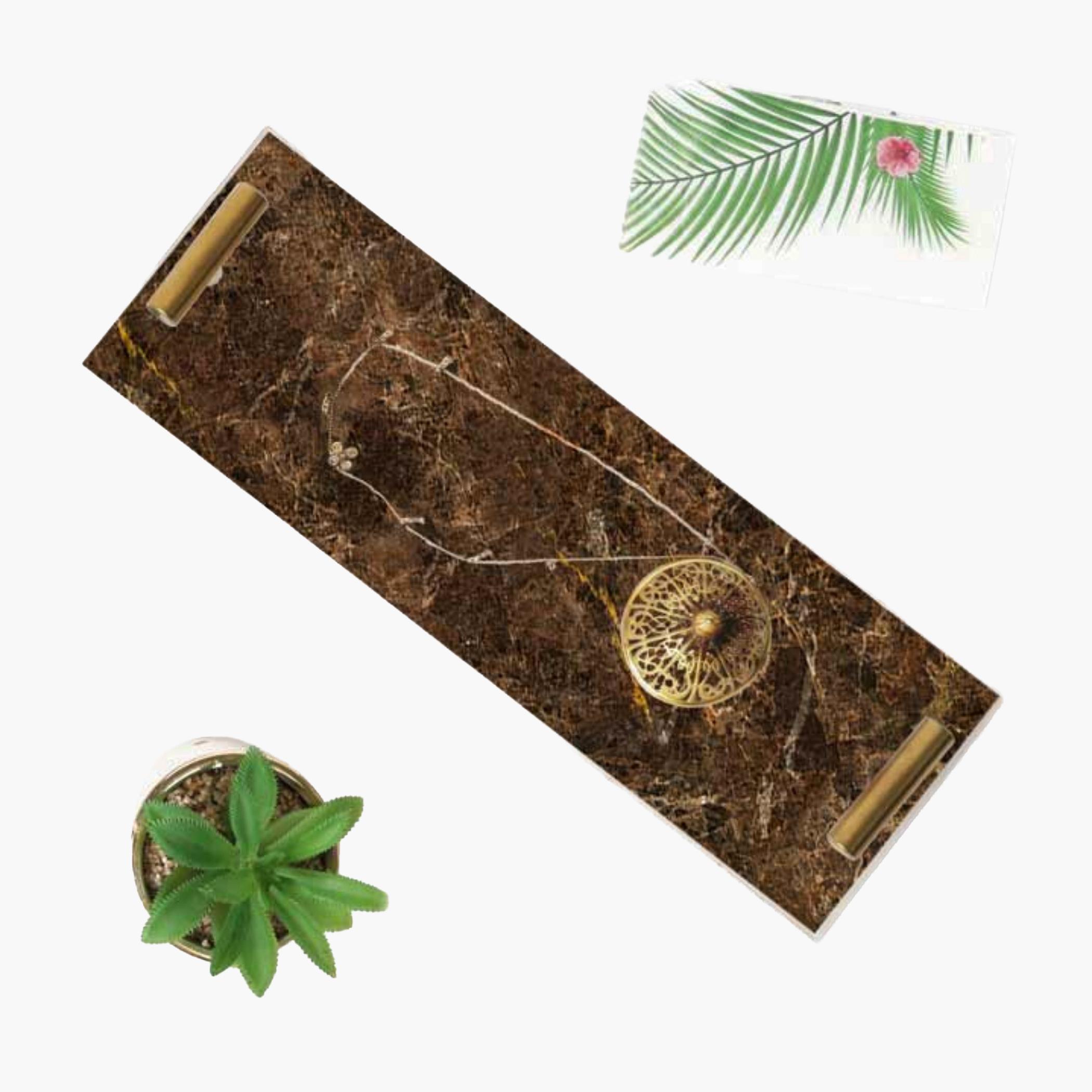 Decorative Acrylic Serving Tray with Gold Metal Handles and Marble Design 10×30 cm-household-dining-serveware-servingtrays-image-3