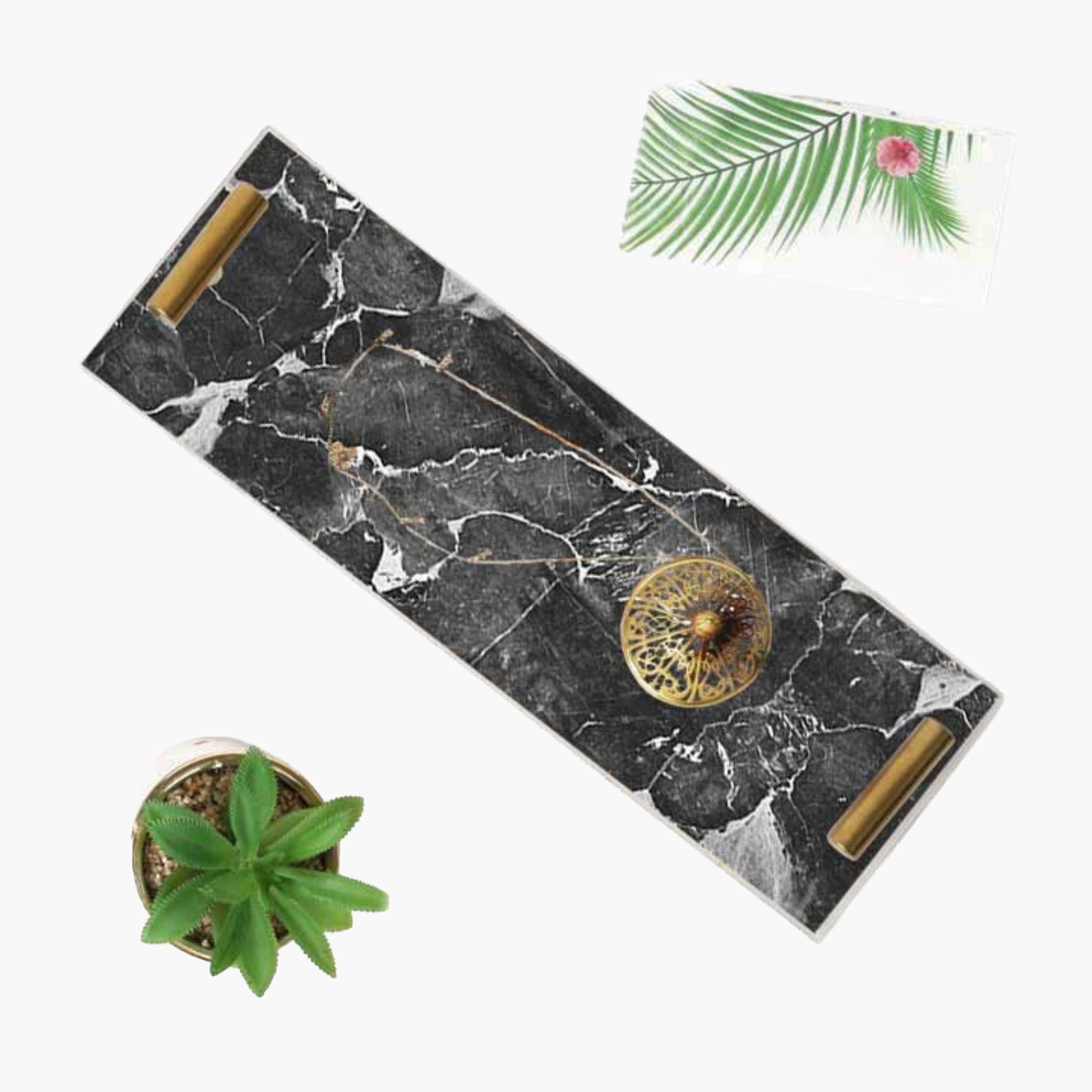 Decorative Acrylic Serving Tray with Gold Metal Handles and Marble Design 10×30 cm-household-dining-serveware-servingtrays-image-1