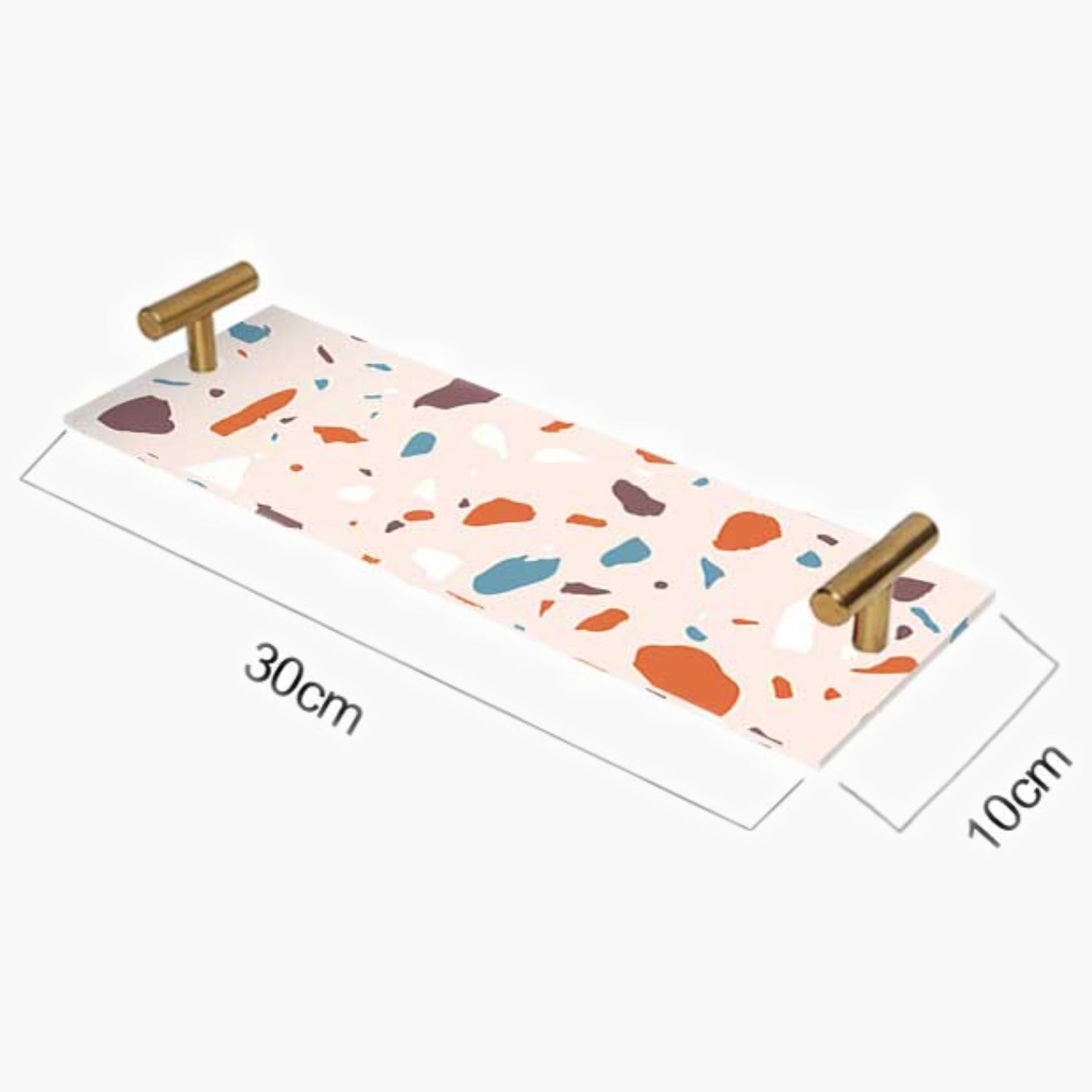 Decorative Acrylic Serving Tray with Gold Metal Handles and Marble Design 10×30 cm-household-dining-serveware-servingtrays-image-1